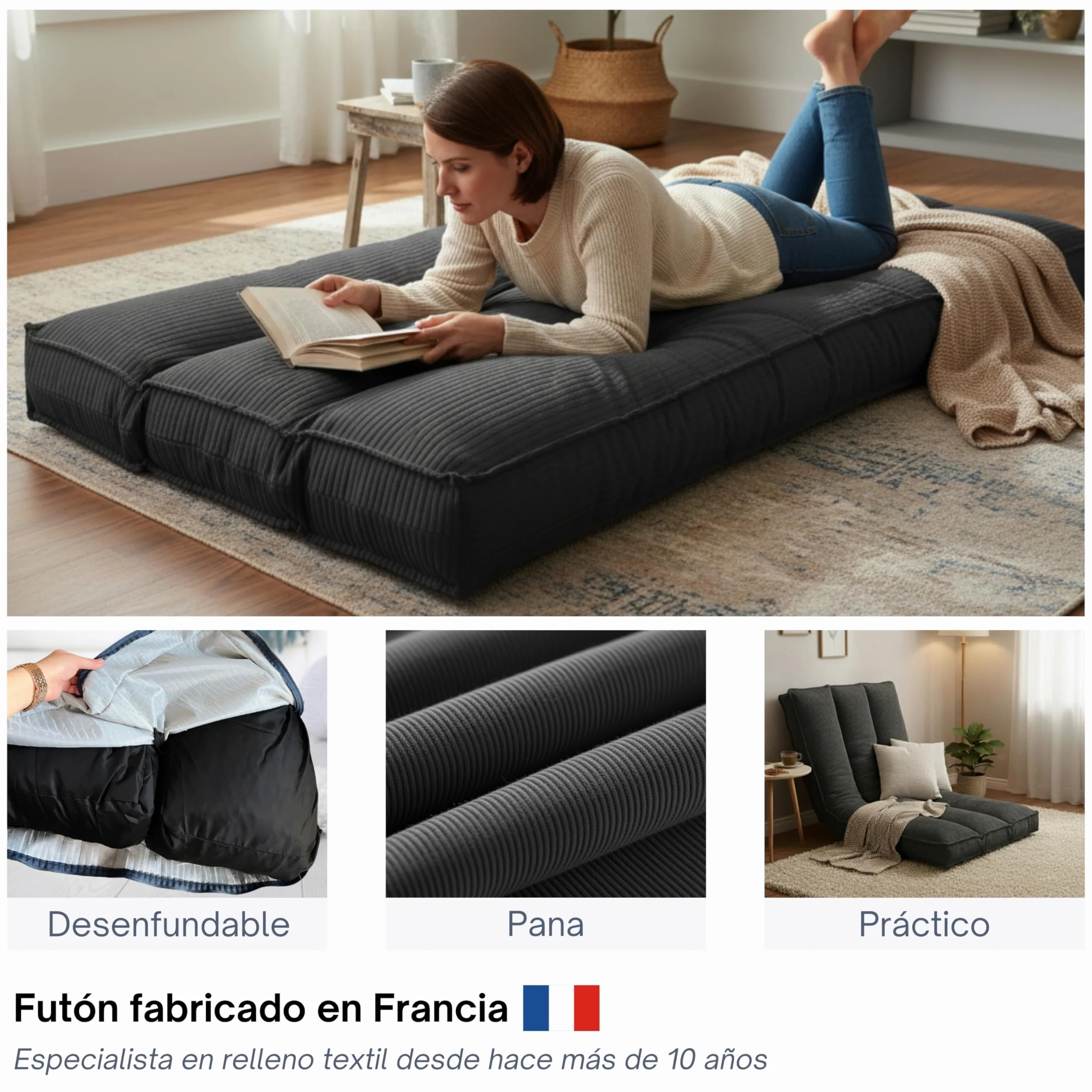 bananair - Futón Japonés Enrollable 1 Persona, Grueso y Cómodo, Fabricado en Francia, Funda Lavable, Cama Plegable de Suelo Práctica – Colchón Plegable, Correa Incluida (90 × 190 cm, Gris Oscuro)