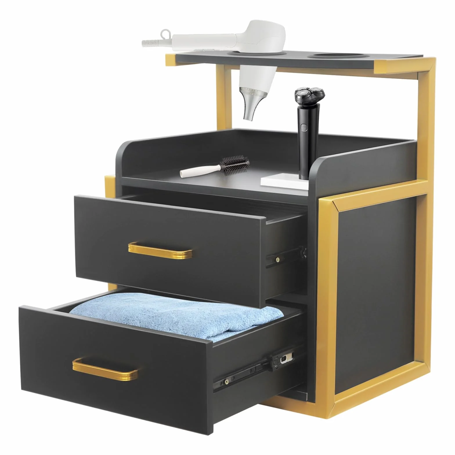 Armario colgante para peluquería, armario de pared con cajones y soporte para secador de pelo para accesorios de peluquería, armario de belleza, moderno, dorado y negro, 40 × 30 × 48 cm