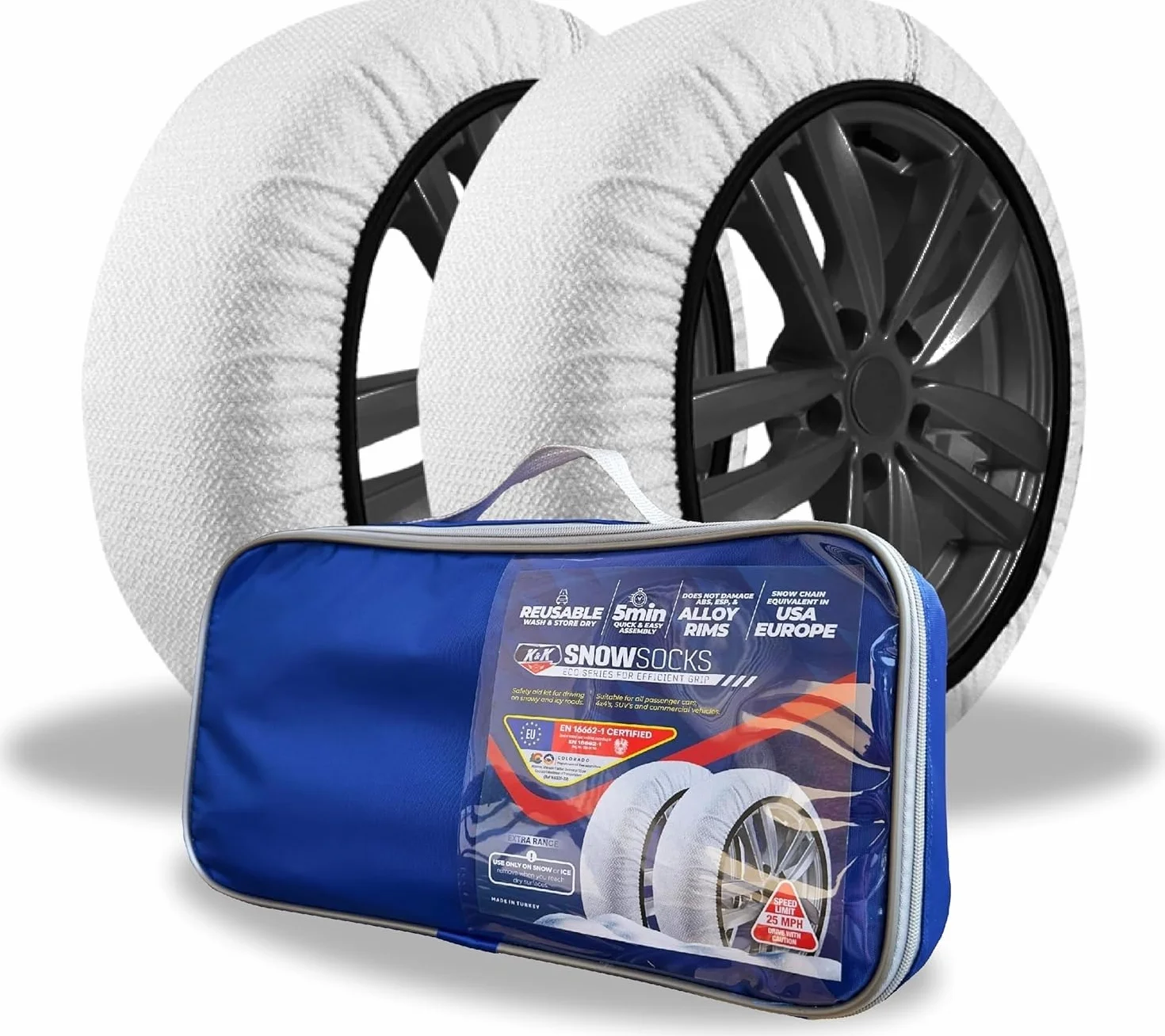KNK Boutique Calcetines de Nieve para neumáticos de automoción - Serie Eco para una Alternativa de Agarre eficiente para Cadenas de Nieve para neumáticos - Dispositivo de tracción para Nieve(Grande)