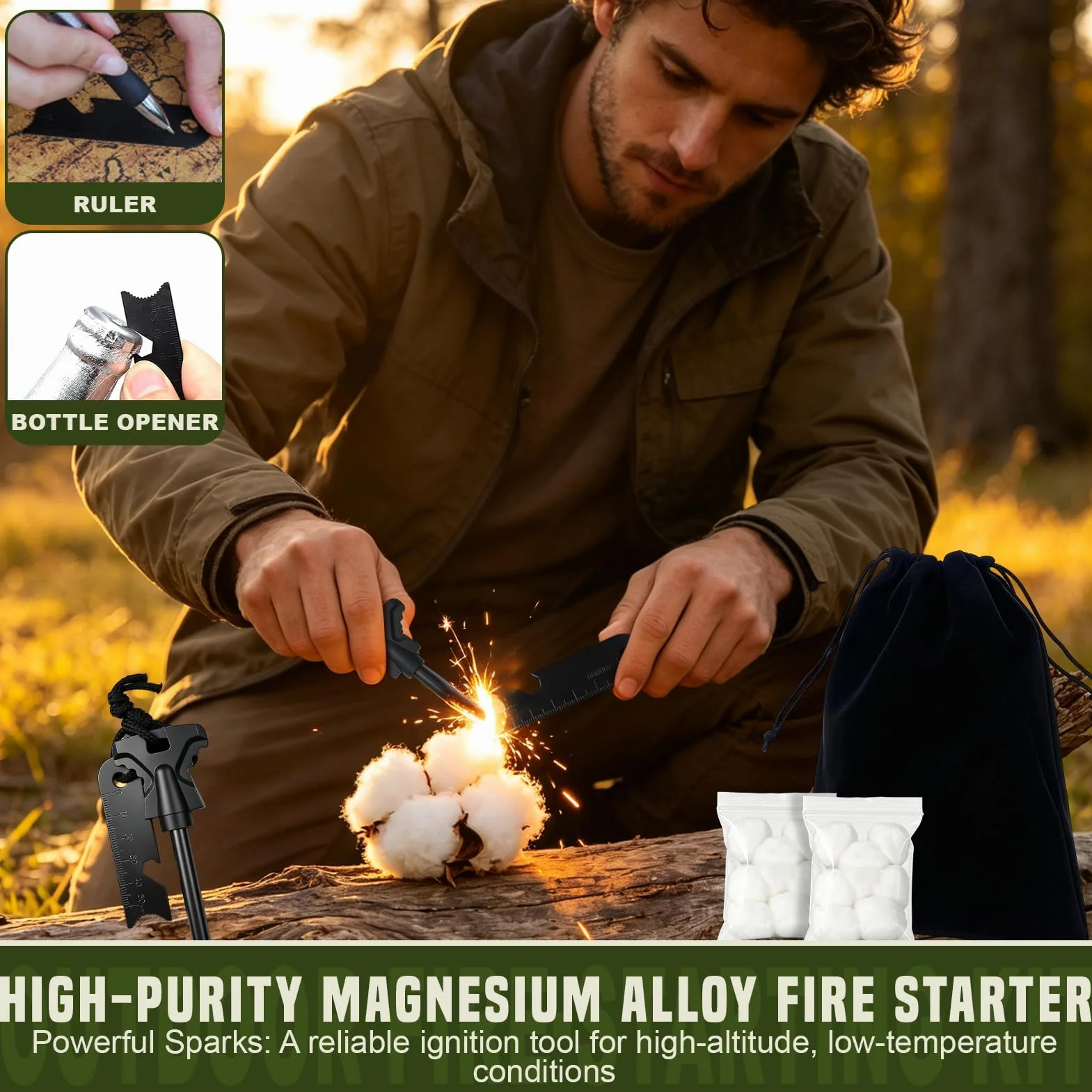 Pedernal Supervivencia Profesional con 16 Yescas Impermeables y Bolsa de Almacenamiento, Arrancador de Fuego de Acero para Camping Senderismo