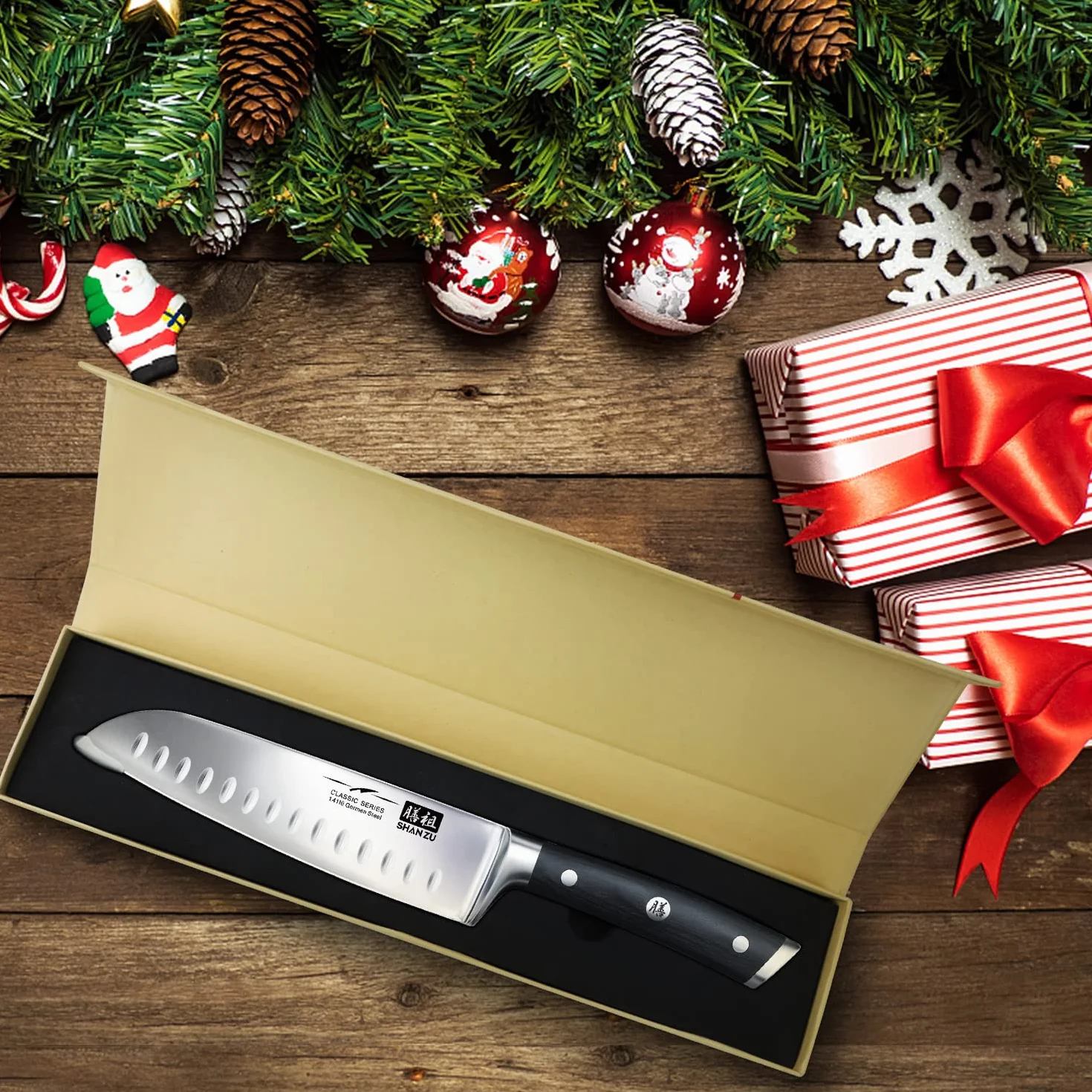 SHAN ZU Cuchillo Santoku Japones, Cuchillos de Cocina Profesionales 18cm, 7 ''Cuchillo Chef de Acero Inoxidable Alemán de Alto Carbono, Cuchillos Cocinero para Frutas, Verduras, Carne
