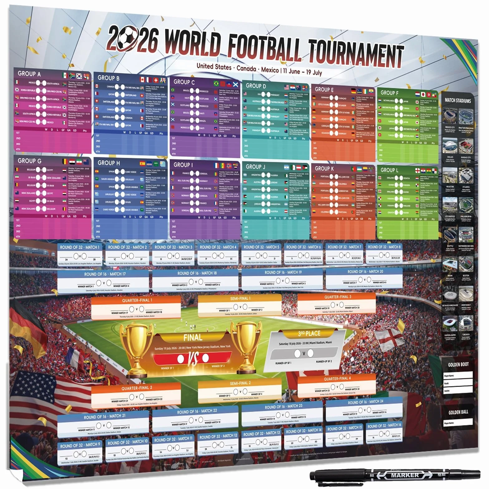 AhfuLife Poster Calendario Copa Mundial 2026 100x70cm Impermeable