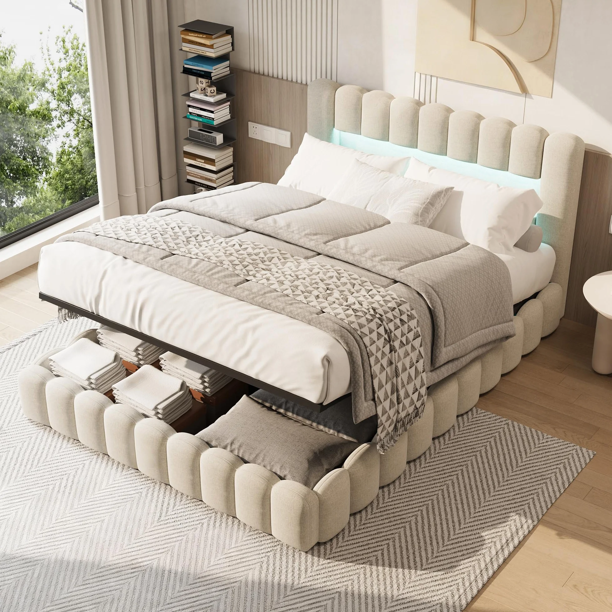 Cama tapizada de 160 x 200 cm con cajón, cama de 160 x 200 cm con espacio de almacenamiento hidráulico, cabecero con LED y USB, marco de cama doble con somier, lino beige, sin colchón