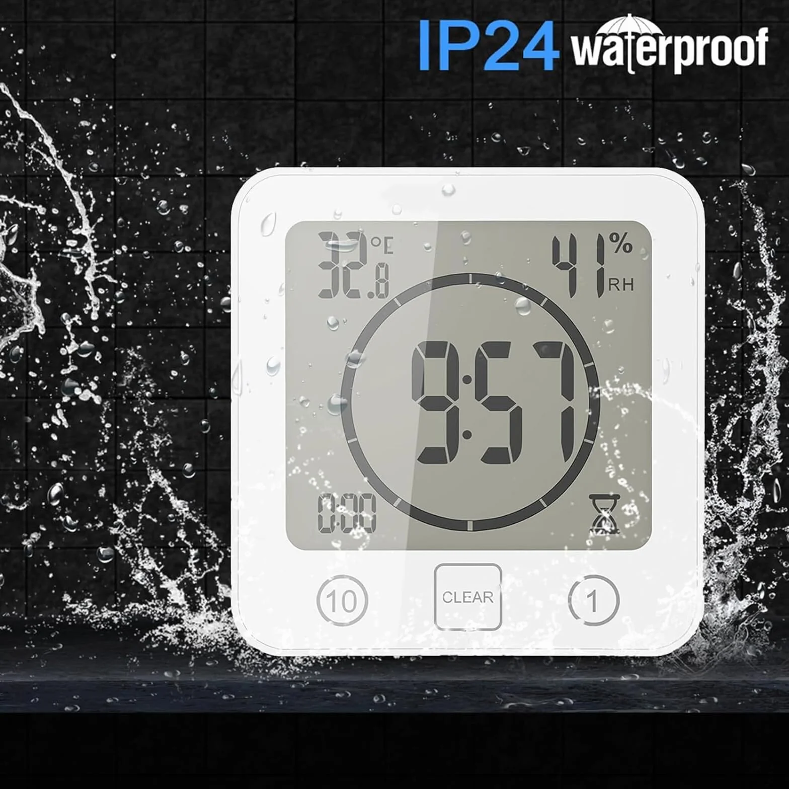 OurLeeme Reloj de Ducha a Prueba de Agua Diario, Cuarto de baño Ducha Temporizador Alarma Temperatura Humedad Pantalla Control táctil Reloj de Cuenta Regresiva (Blanco)