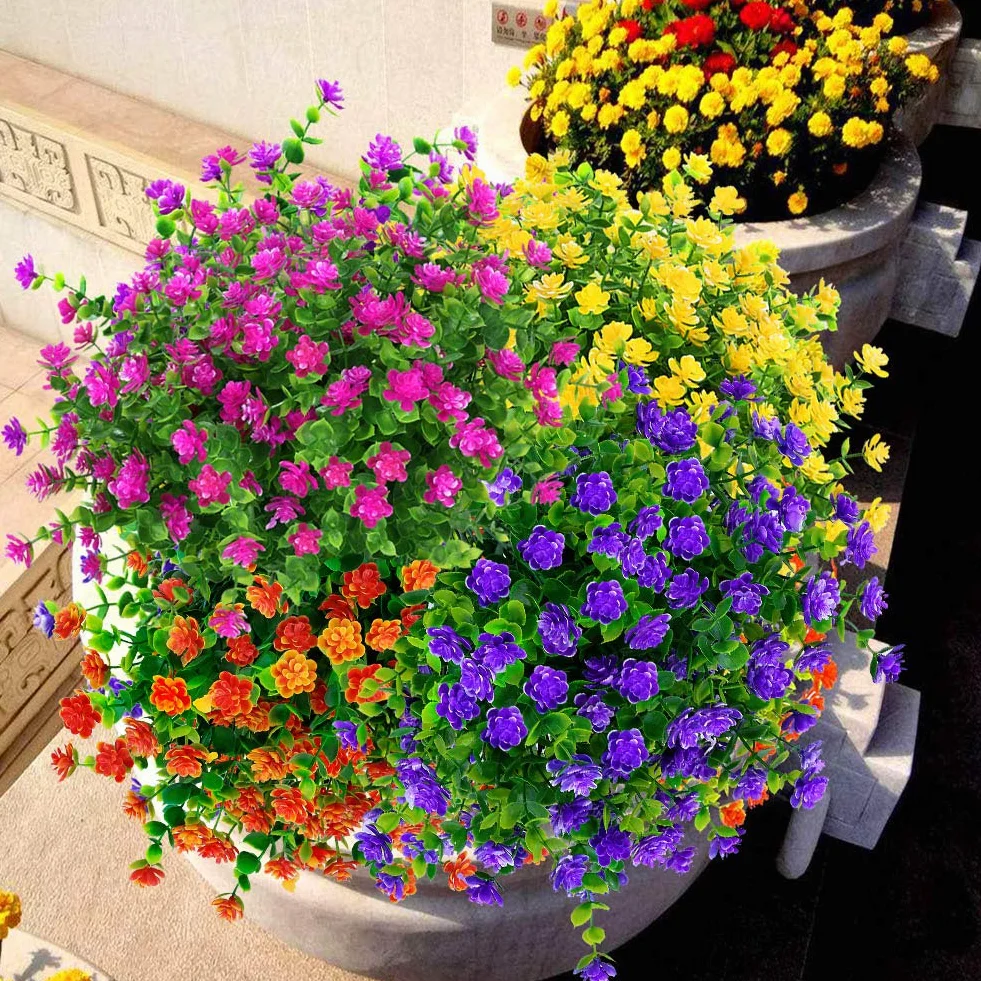 12 paquetes de flores artificiales para exteriores, resistentes a los rayos UV, plantas de boj falsas, vegetación sintética para interiores y exteriores, plantas colgantes de jardín, porche,