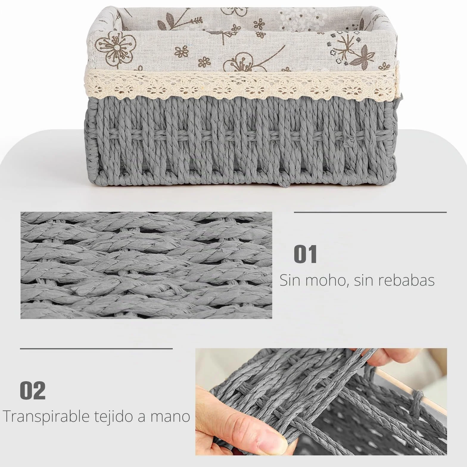 Cestas Almacenaje Juego de 3 Mimbre Trenzado Tejido Reciclable para Baño Cocina Hogar (Gris)