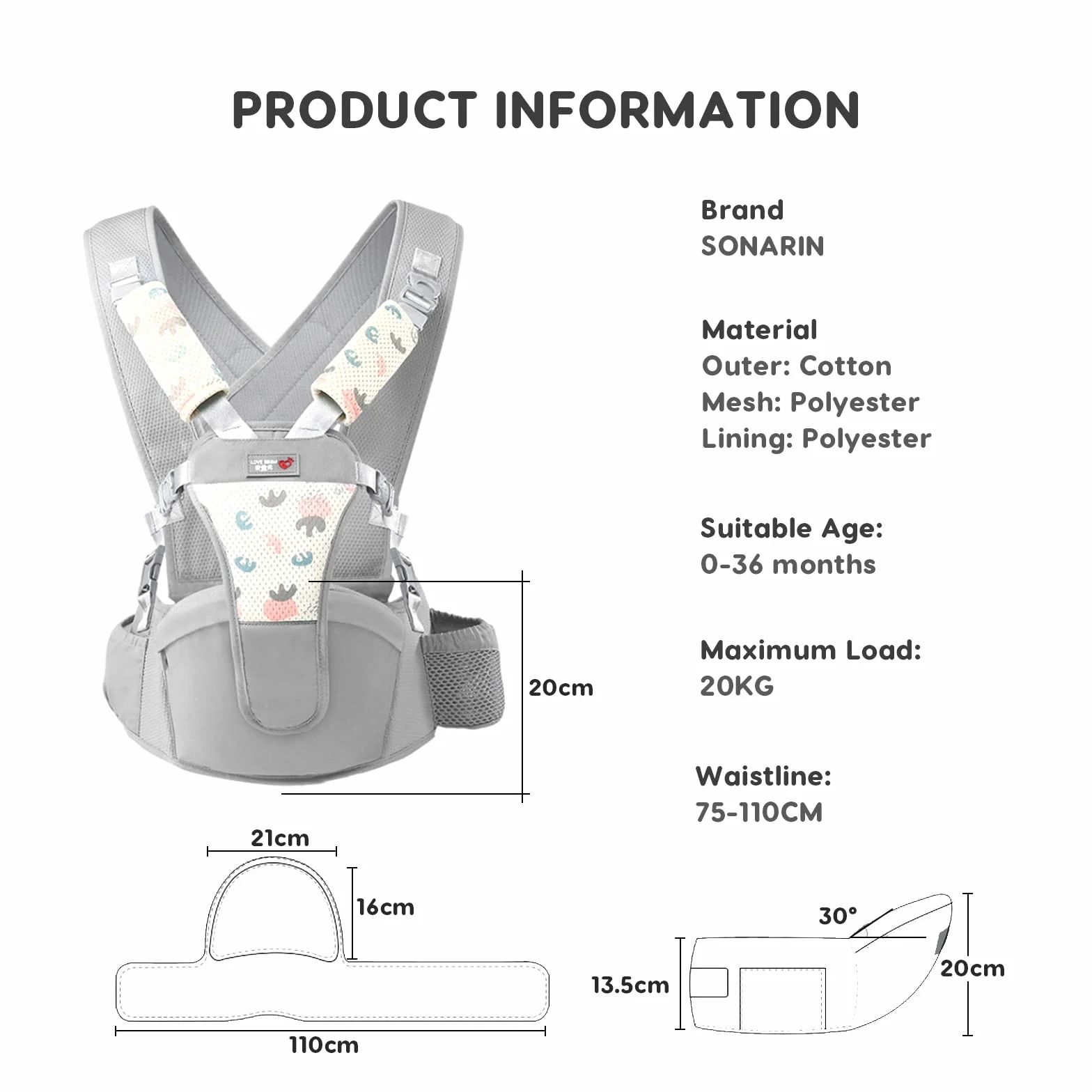 SONARIN Portabebés Asiento de Cadera Ergonómico Multifuncional Mochila Portabebés Transpirable para Recién Nacidos 0-36 Meses Gris