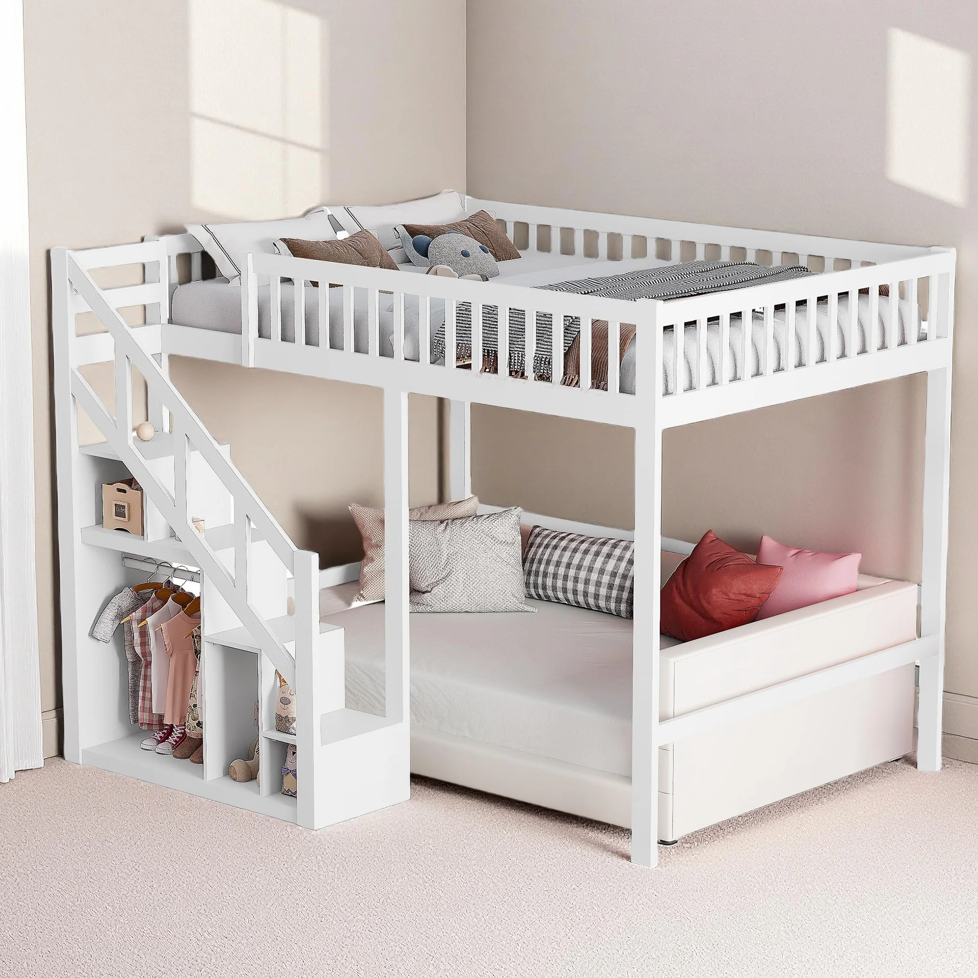 Cama Alta 140x200 cm para Niños y Adolescentes, Cama Elevada de Madera de Pino con Escalera de Almacenamiento y Barandilla de Seguridad, Estructura Juvenil Ahorro de Espacio, Blanco