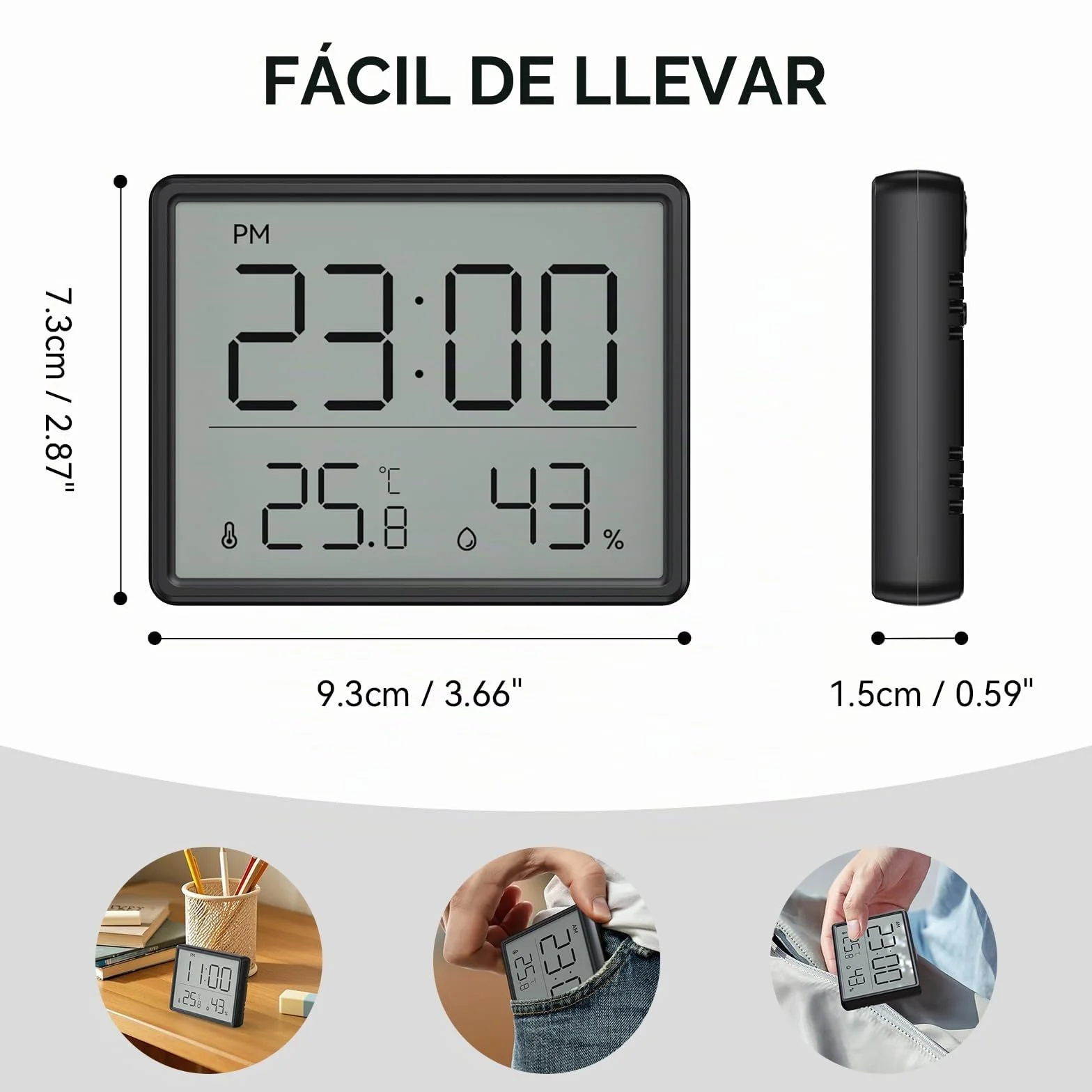 Termómetro Higrómetro Digital, LCD Pequeño Reloj Despertador con Temperatura Humedad Multifuncional 12/24 Horas ℃/℉ para Hogar Estudiantes Oficina