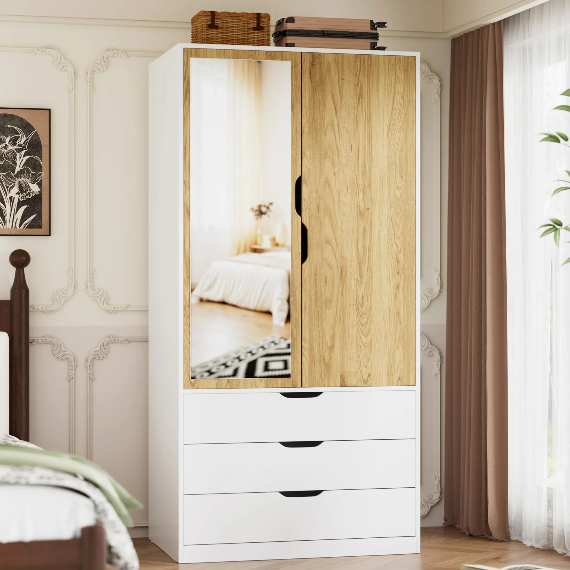 MSFE Armarios Dormitorio 2 Puertas y 3 Cajones, Moderno Armario Ropero con Espejo y Luces LED para Dormitorio, Habitación Infantil, Pasillo, 80x50x180 cm, Blanco