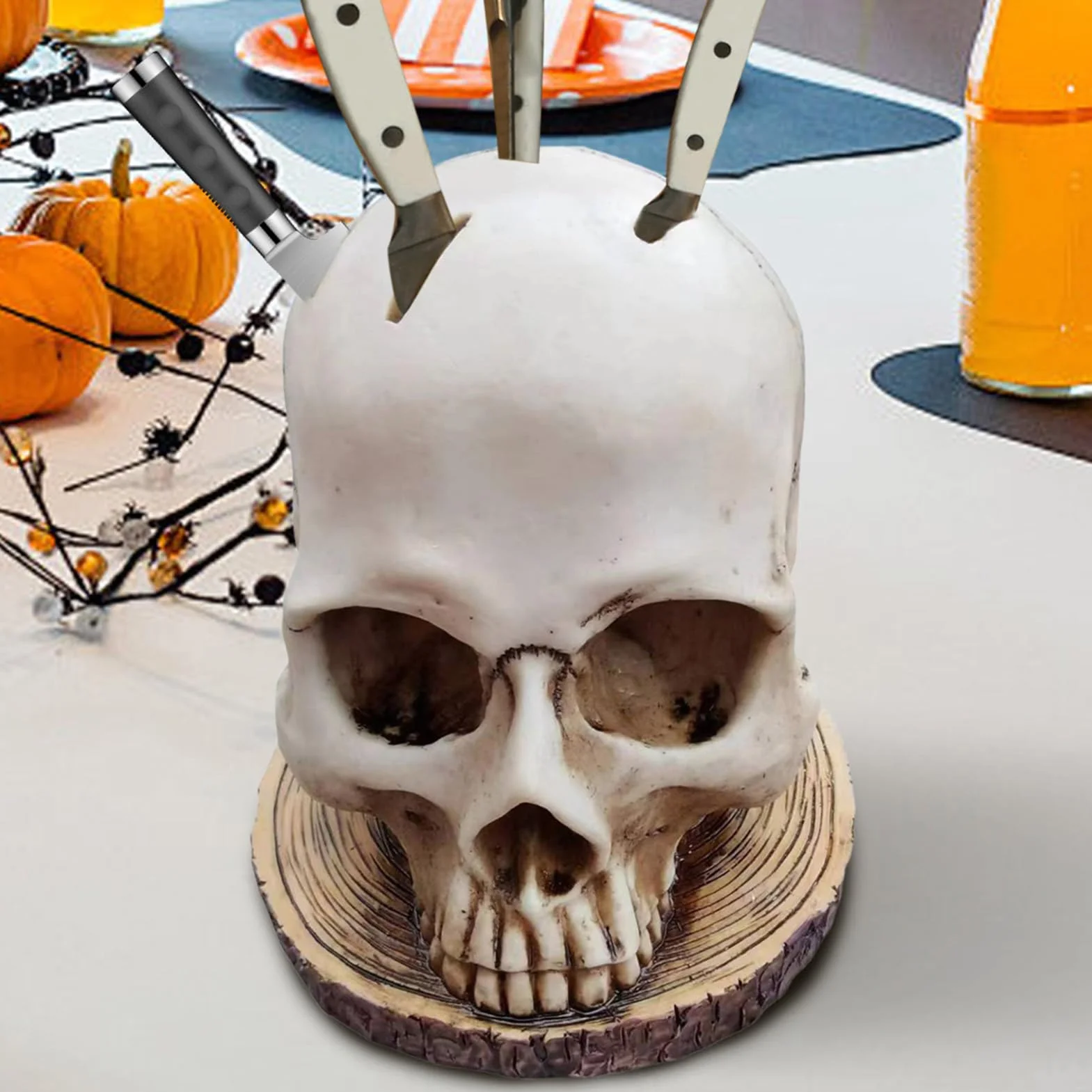 Portacuchillos cráneo, bloque de cuchillos cráneo | Bloque de cuchillos espeluznantes de Halloween | Soporte de cocina con forma de cabeza de horror, bloque de cuchillos de cocina gótico para