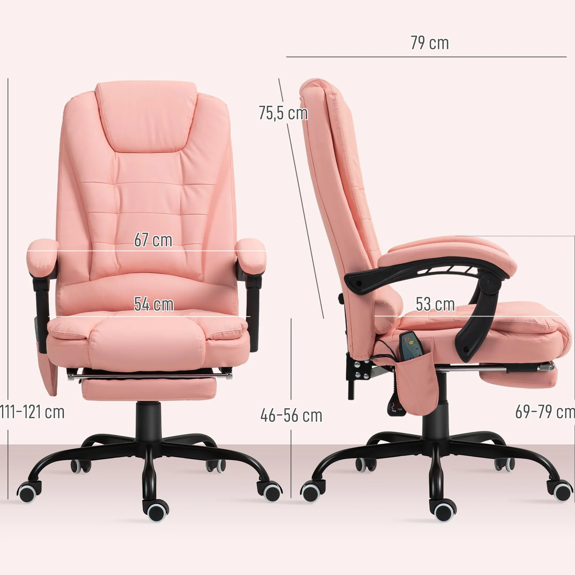 Vinsetto Silla de Oficina con 7 Puntos de Masaje Silla de Masaje Giratoria Silla de Escritorio con Reposapiés Retráctil Altura Ajustable Control Remoto y Tejido de PU Rosa