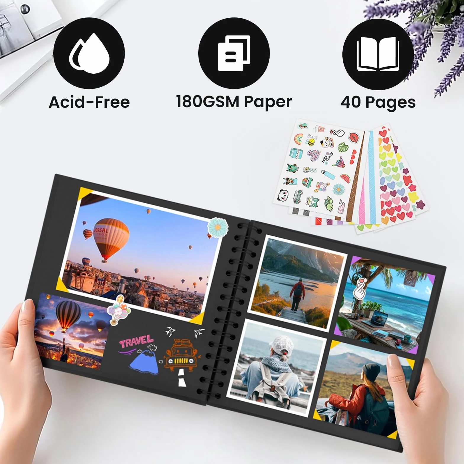 DazSpirit Album Fotos para Pegar y Escribir, 6-pulgadas Album Scrapbook de Recortes de Tapa Dura Cuadrado con 5 Pegatinas, Albunes para Fotos DIY para Bodas, Bebés y Aniversarios, 40 páginas, Negro