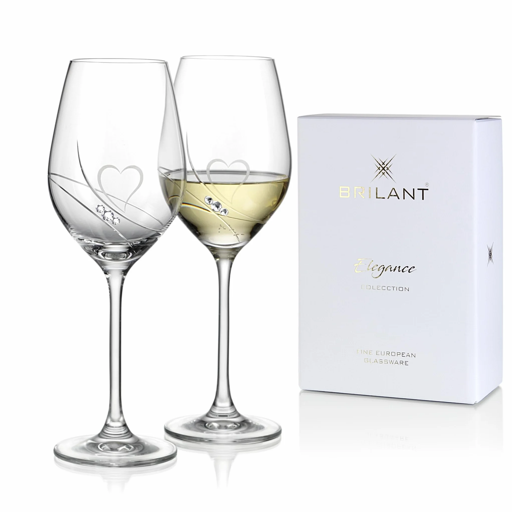 Copas de vino blanco, juego de copas de vino hechas a mano con corazones grabados, regalos para mujeres, líneas pulidas y cristales Swarovski, juego de vasos moderno, paquete de regalo, 2