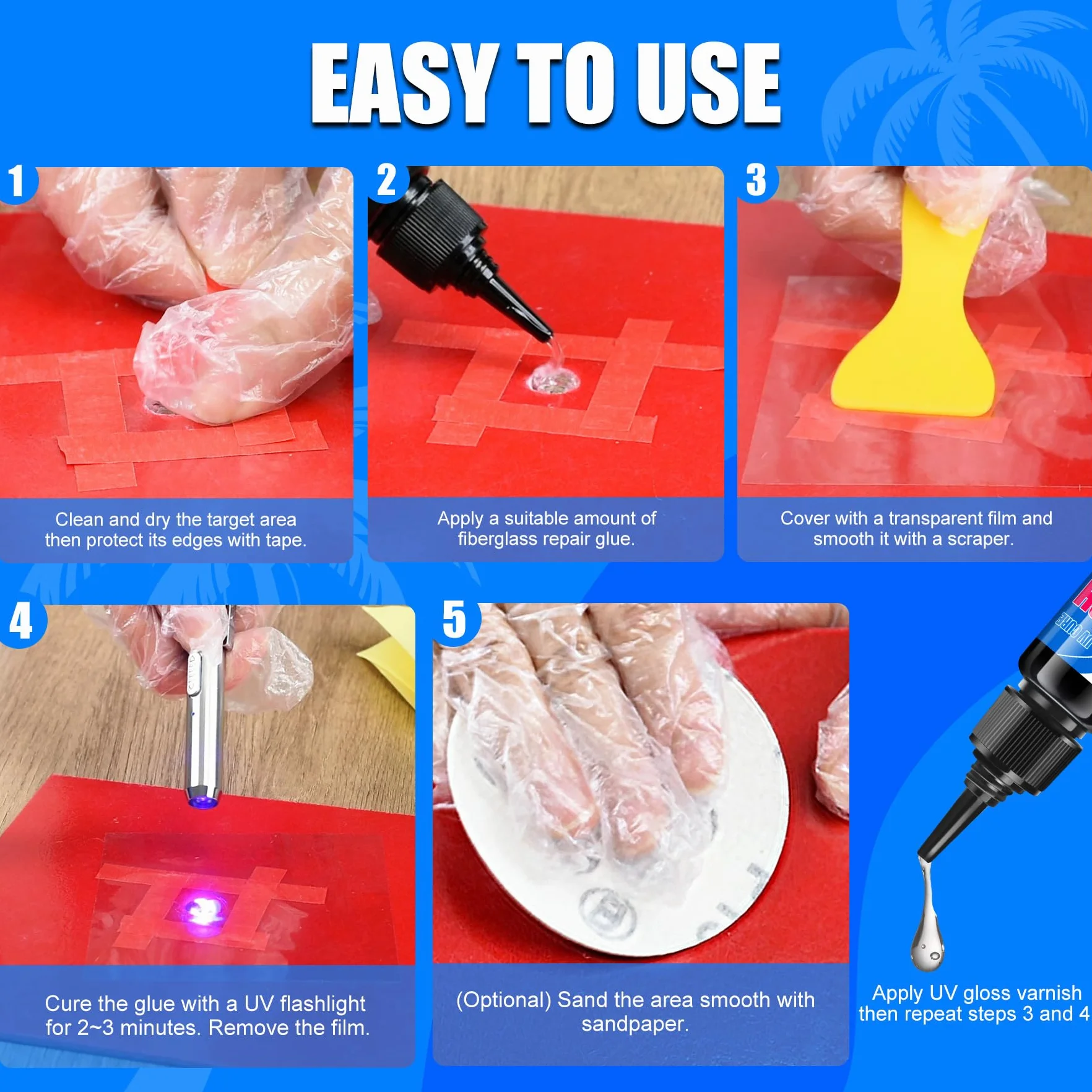 Kit de Reparación para Tablas de Surf de Fibra de Vidrio, Agujeros y Grietas