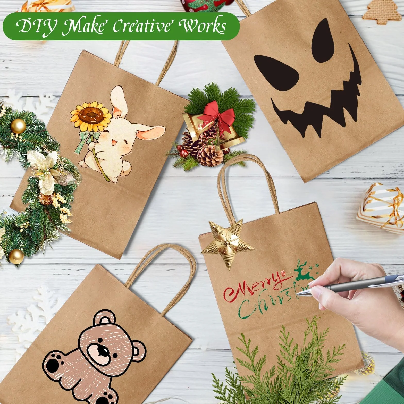 Gucass 50 Pieza Pequeñas Bolsas Papel Kraft con Asas, Marrón Bolsas de Papel Regalo, 15x8x21cm, Bolsitas de Regalos para Embalaje de Regalo, la Compra, Navidad Fiestas de Cumpleaños Bodas