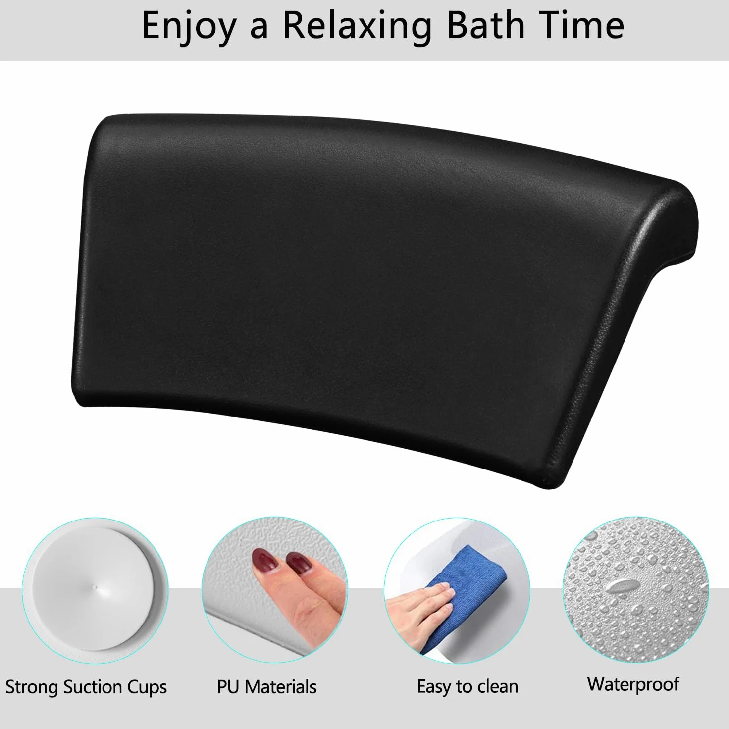 Almohada de Bañera Ergonómica con Ventosas Antideslizantes - Cojín Impermeable para Soporte Cervical, Confort y Relajación en el Baño o SPA en Casa - Color Negro