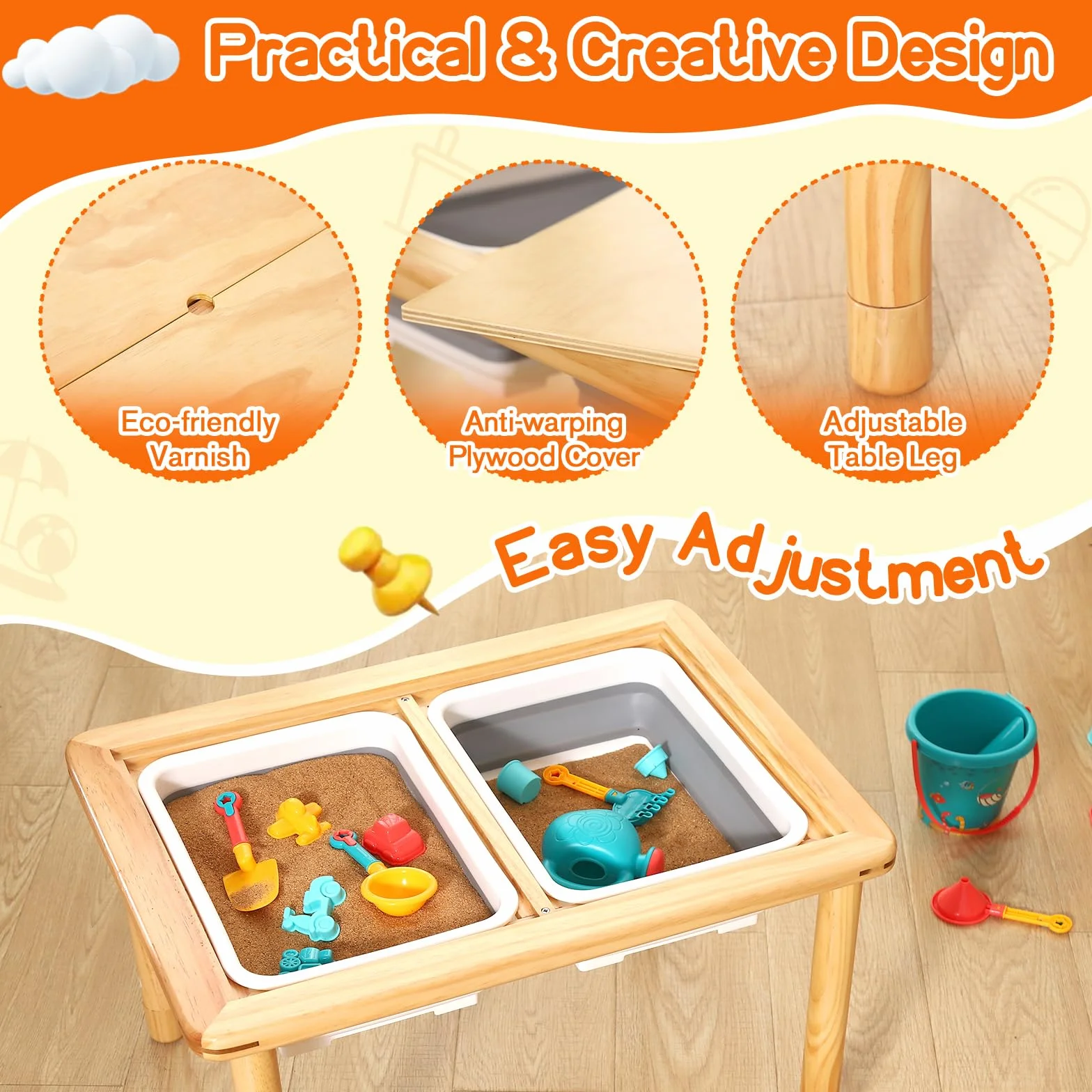 FUNLIO Mesa Sensorial de Madera con 2 Cubos para Niños de 1-5 Años, Mesa Sensorial Infantil de 3 Niveles Ajustable en Altura, para Jugar con Arena y Agua, Certificado CPC