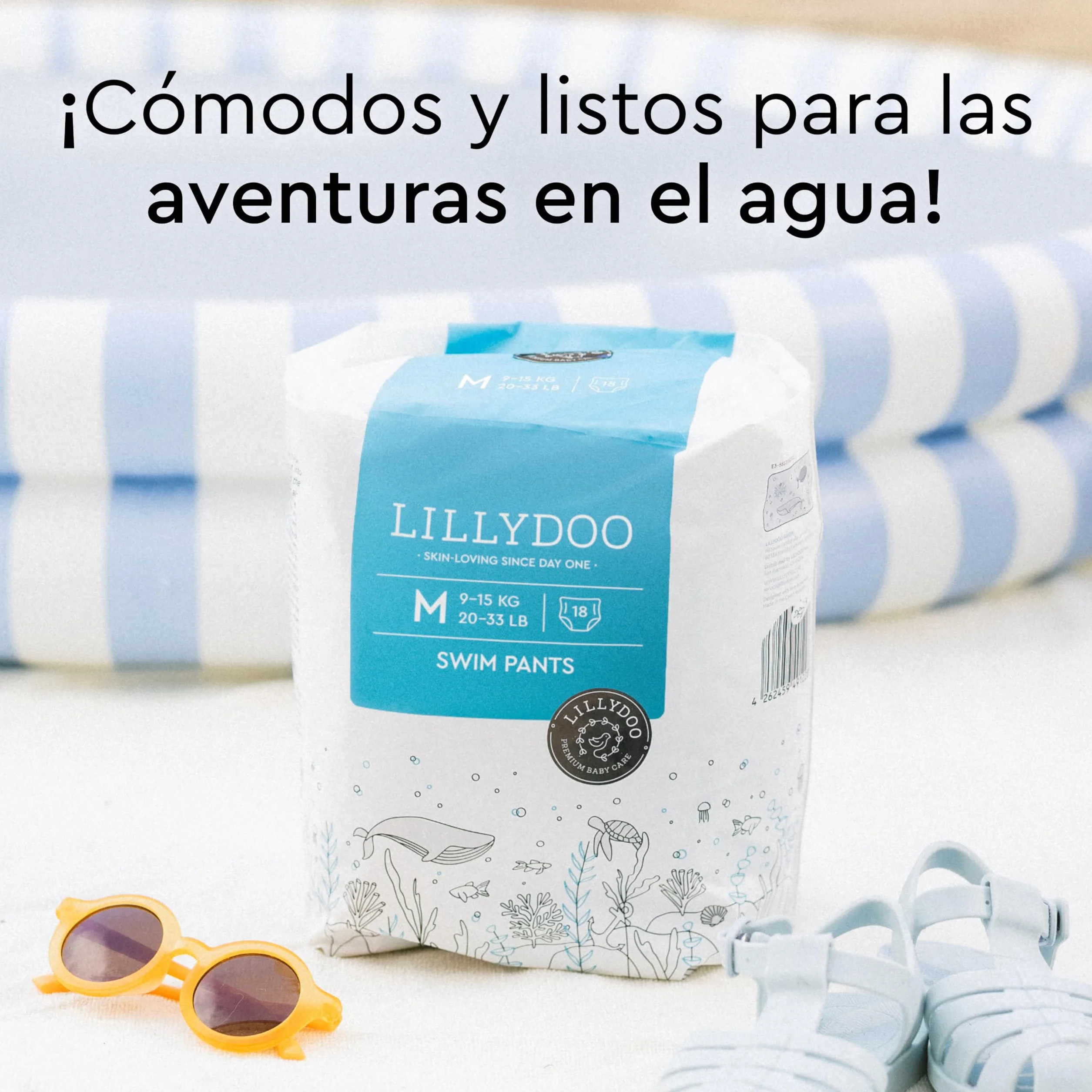 Pañales-bañador LILLYDOO desechables, respetuosos con la piel, para bebés talla M (9–15 kg), 1 paquete (18 unidades) con diseño acuático, para una protección segura en el agua