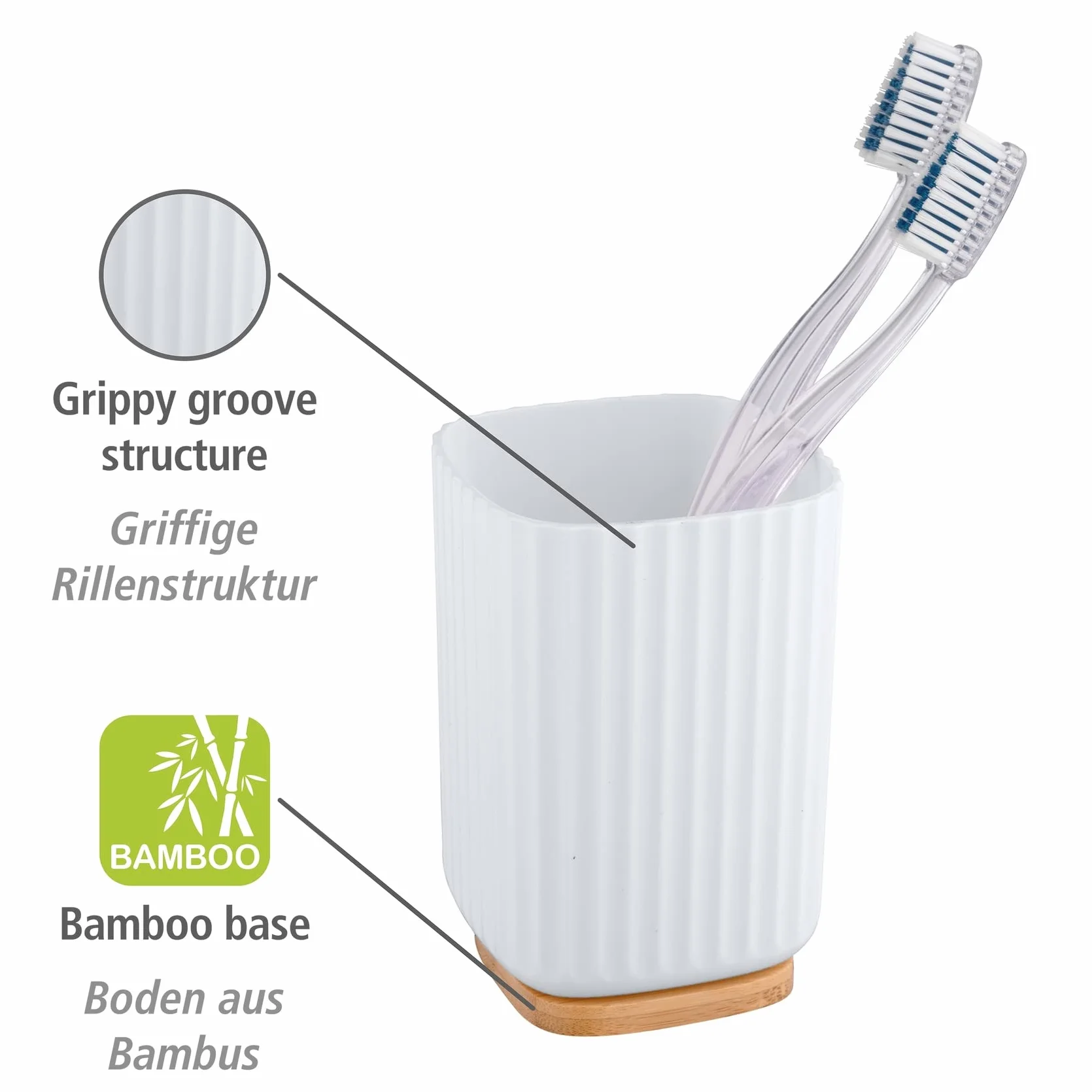 WENKO Vaso para el cepillo de dientes Rotello, portacepillos de plástico py base de bambú, para guardar utensilios, estructura acanalada de fácil sujeción, Ø 8,6 x 11,1 cm, blanco/natural