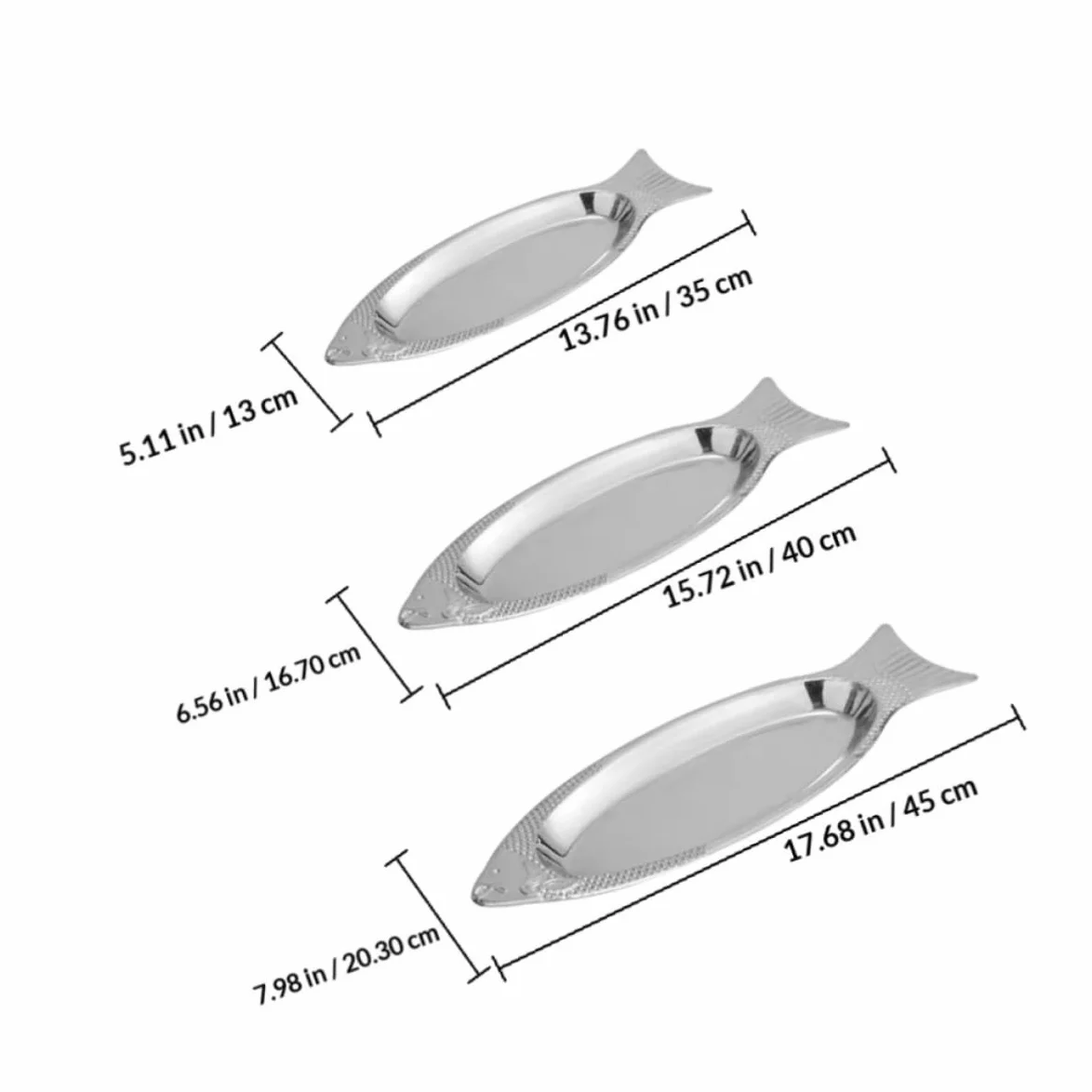 Bandeja de Pescado de Acero Inoxidable 3 Piezas Imán | Plata, Apta para Vapor y Horno, Acabado Liso, Diseño en Forma de Pez para Restaurantes y Hoteles