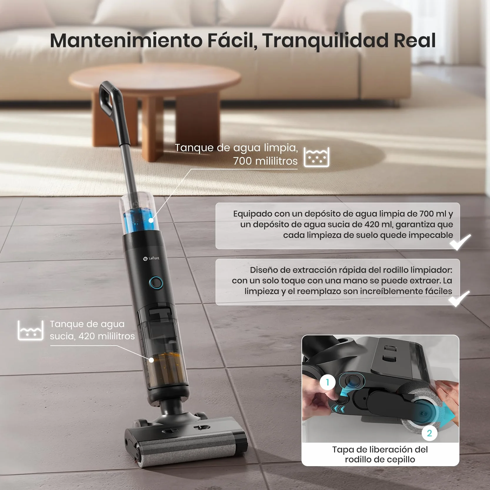 Lefant LS200 Aspiradora Fregadora Sin Cable, 13 000 Pa, 3 en 1 Barre Aspira Friega, 30 Min de Autonomía, 216㎡, Borde de 5 mm, Autolavado, Ligero y Fácil de Usar, para Suelos Duros