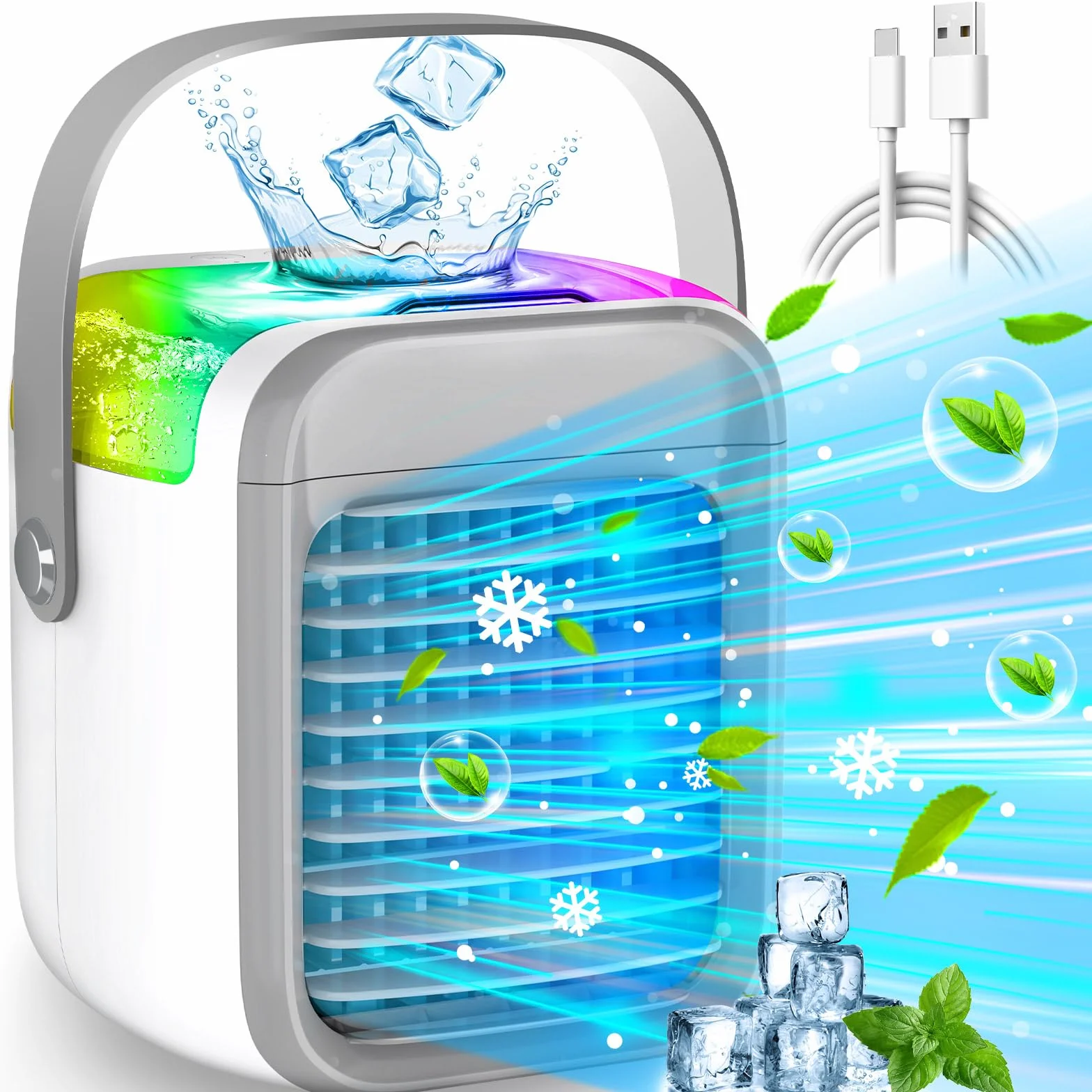Ventilador de aire acondicionado evaporativo portátil y recargable con 3 velocidades, 7 colores, 3 en 1 con tanque de agua, personal inalámbrico con asa para el hogar, la oficina y la habitación