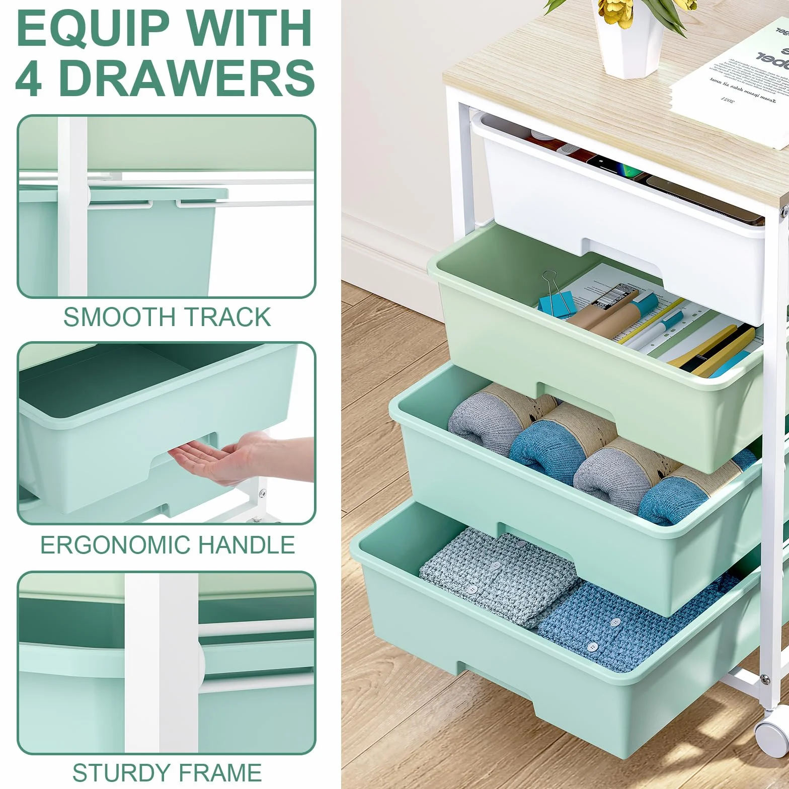 SYKIARIOL Carro con ruedas de 4 cajones, carrito de almacenamiento multiusos con ruedas con tablero de madera, carrito con ruedas para cocina, salón, dormitorio, fácil movimiento, gran capacidad,verde