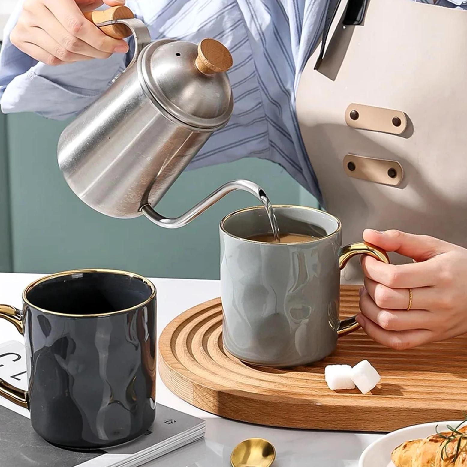 Taza con borde dorado y asa, tazas de café de cerámica, taza de té, leche, jugo, agua, regalo for pareja en casa, 2 uds. Para Boda(Light-grey)