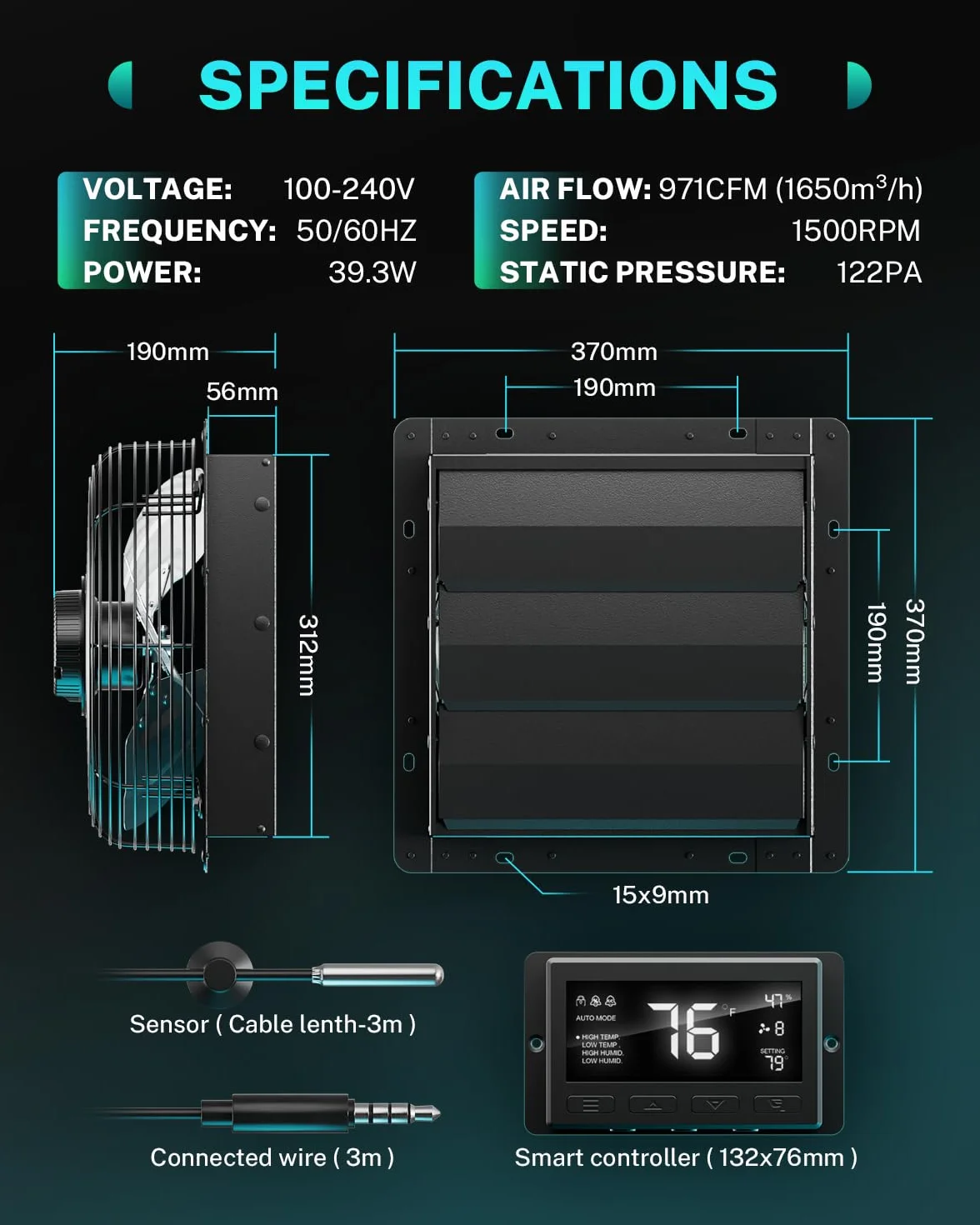 HG Power Ventilador de drenaje de 300 mm con regulador de temperatura y humedad, ventilador de pared industrial inteligente, 1650 m³/h, motor EC, ventilador de pared para sótano, garaje, cocina