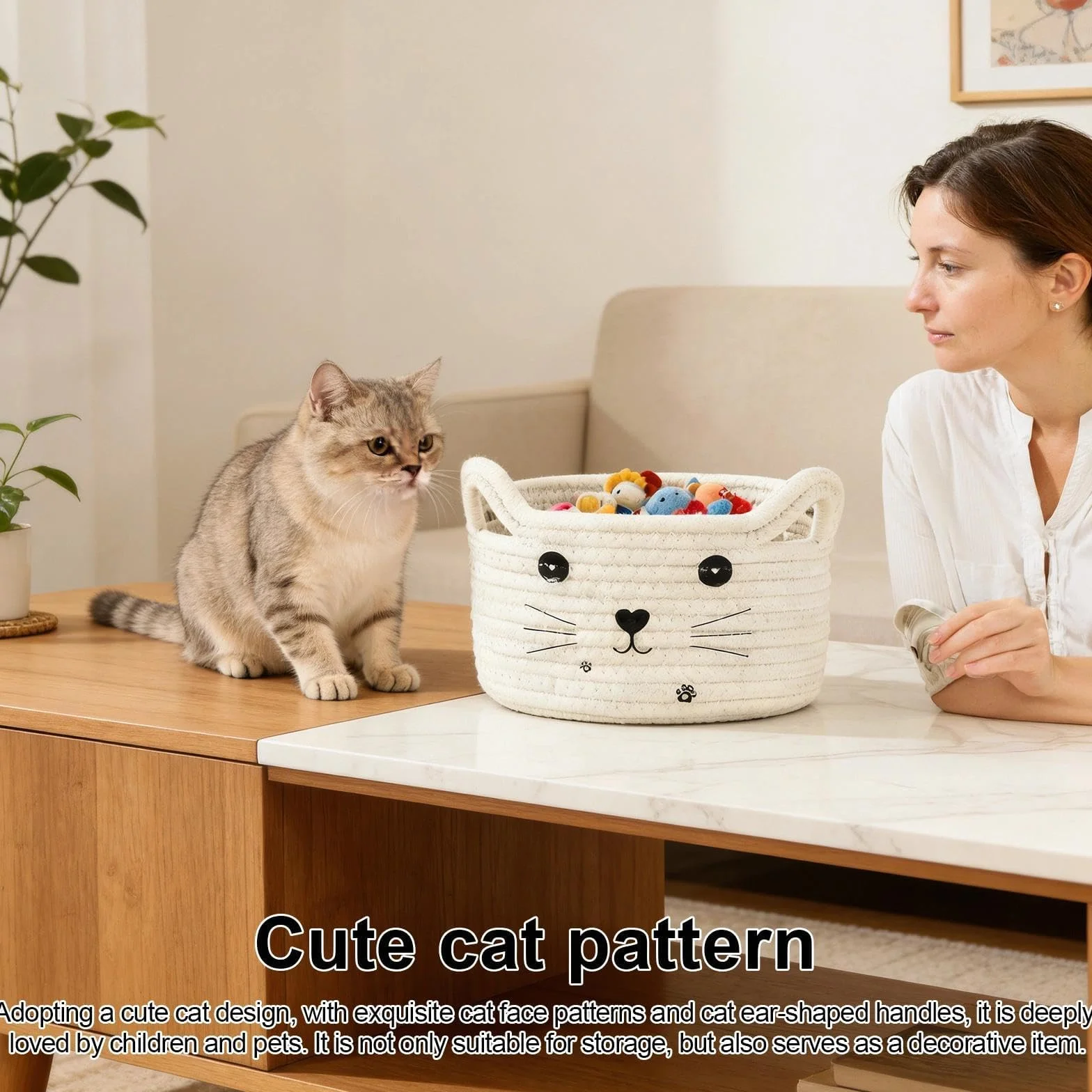 Cestas Almacenaje Pequeña Forma de Gato Cajas Organizadoras Baño 21cm Blanca Storage Basket