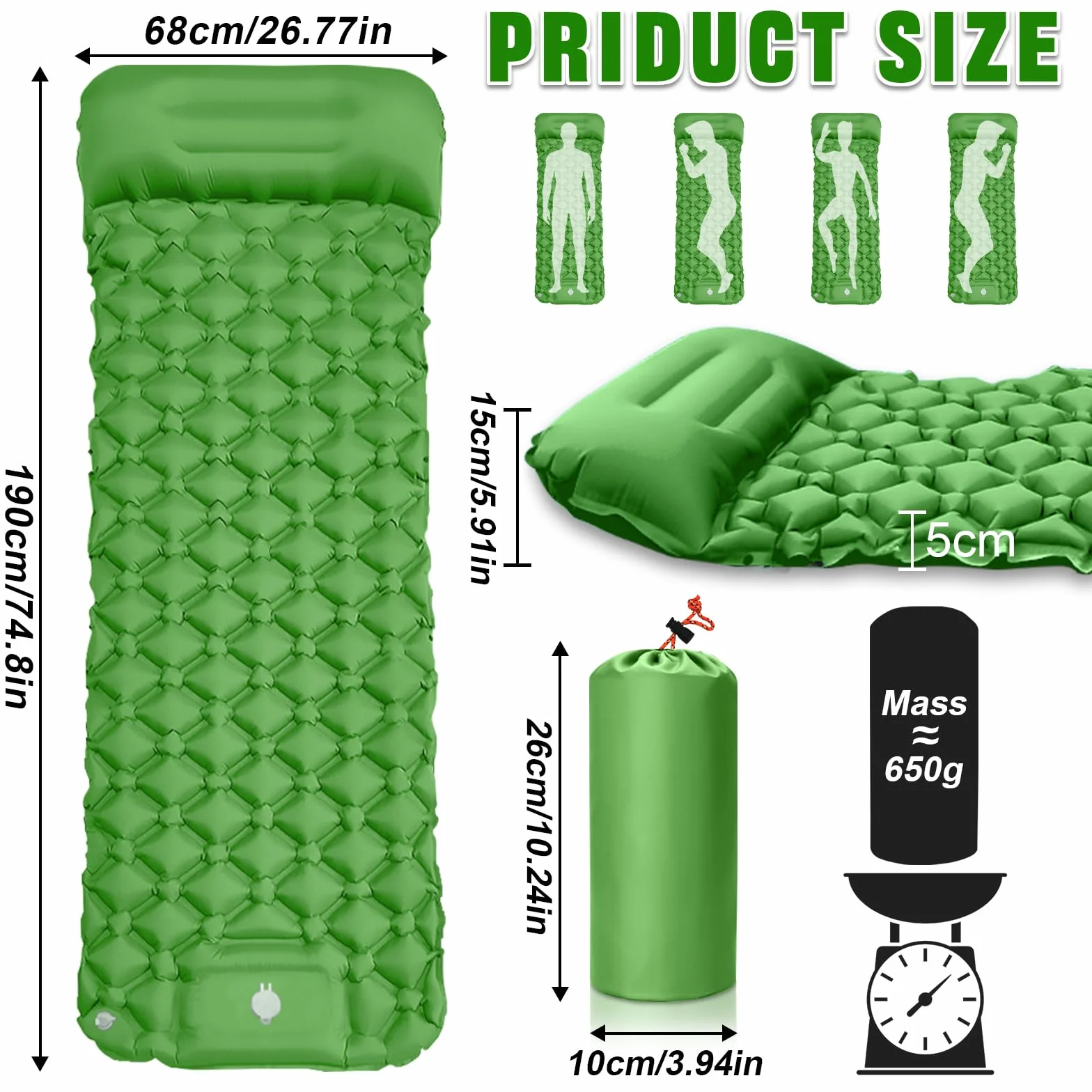 Colchón Autoinflable para Camping Impermeable con Bomba de Pie y Almohada Ultraligera Portátil