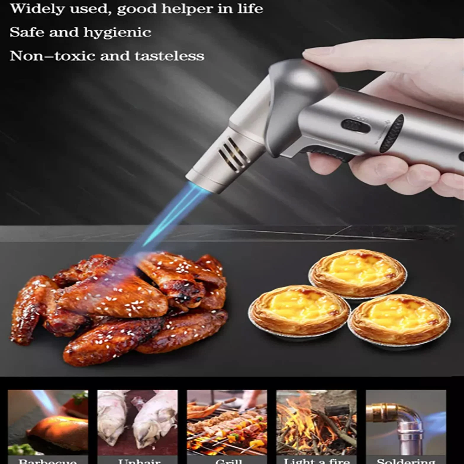 Soplete de cocina, soplete de cocina, encendedor de cocina, soplete de butano con bloqueo de seguridad y ángulos giratorios, para postres, creme brulee, barbacoa y horneado (gas butano no incluido)