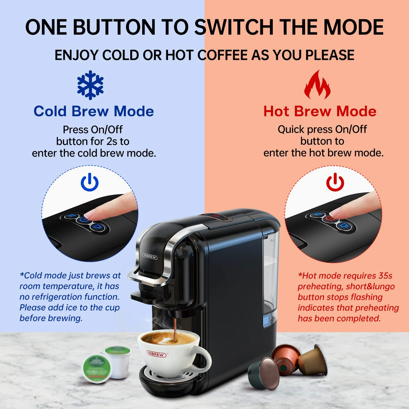 HIBREW- Cafetera multicápsula,Cafetera espresso,Apta para múltiples variedades de café,compatible capsulas DG nes ese pod polvo de café,600ml 1450W,19 Bares…