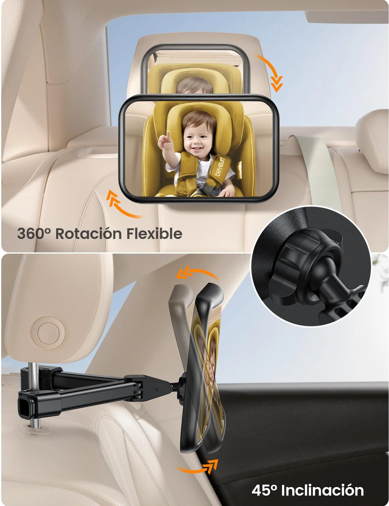 Lamicall Espejo retrovisor para niños – [2025 gancho triangular] 100% irrompible, rotación 360° y 45° inclinable, con 175° visión clara, espejo coche bebé asiento trasero súper estable