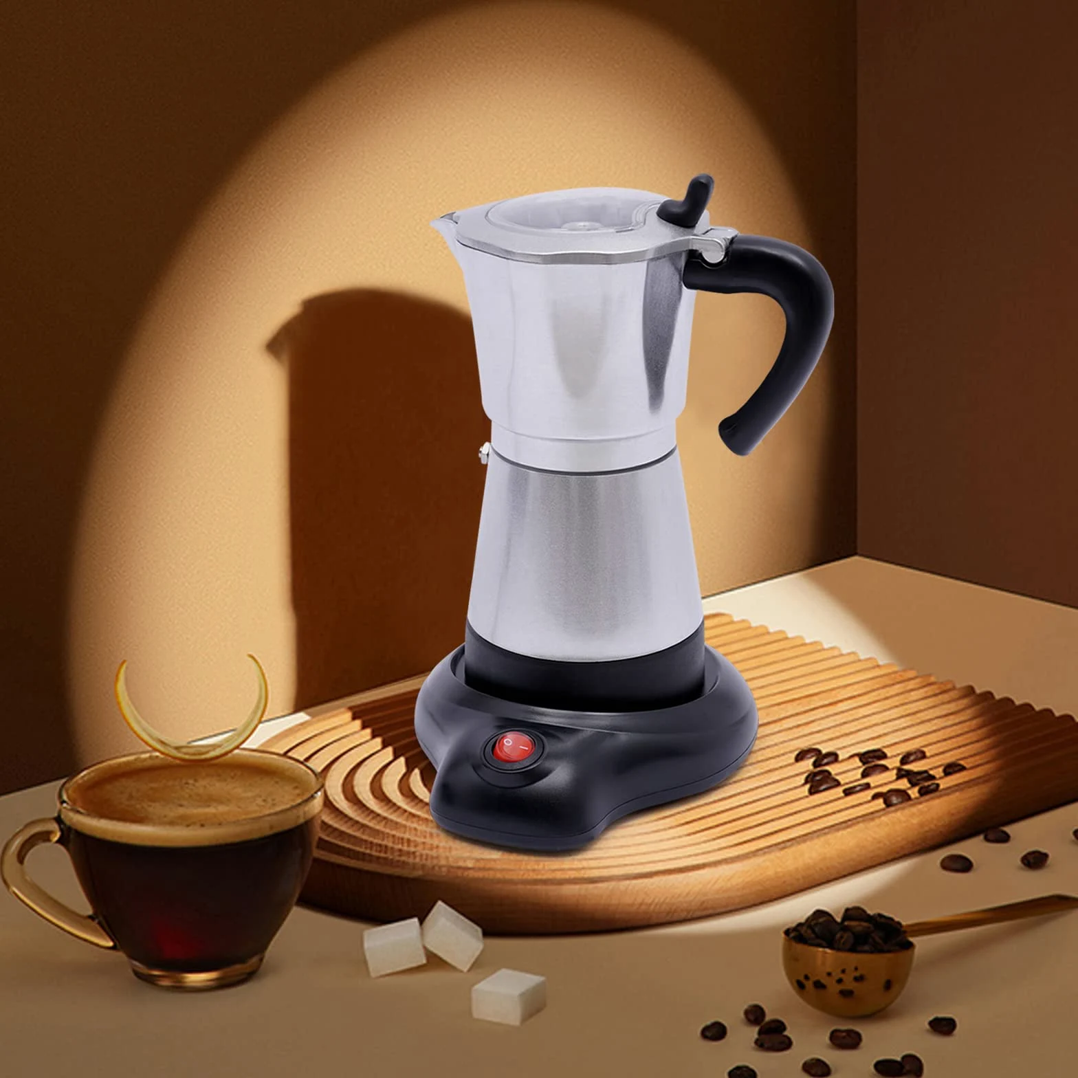 MINRS Máquina espresso, 6 tazas, mango con protección contra quemaduras, mokaka, cafetera eléctrica, camping, cafetera, válvula de seguridad, para amantes del café, plata