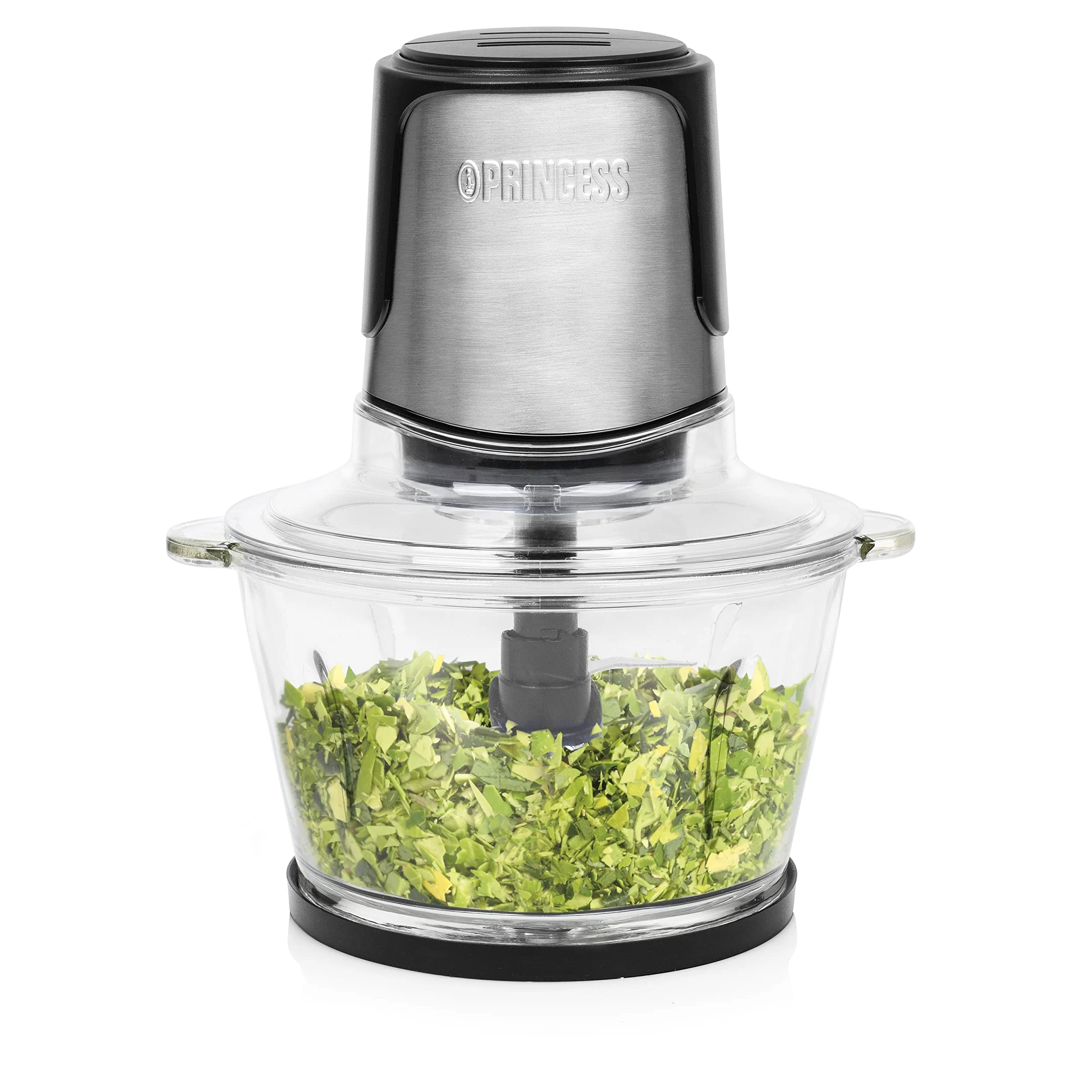 Princess 221052 Picadora eléctrica de alimentos Duo XL, 4 Cuchillas de Acero Inoxidable, Bol de Vidrio con indicador de nivel de 1.5 L, picadora de cocina para carne, verdura, fruta y hielo, 300 W