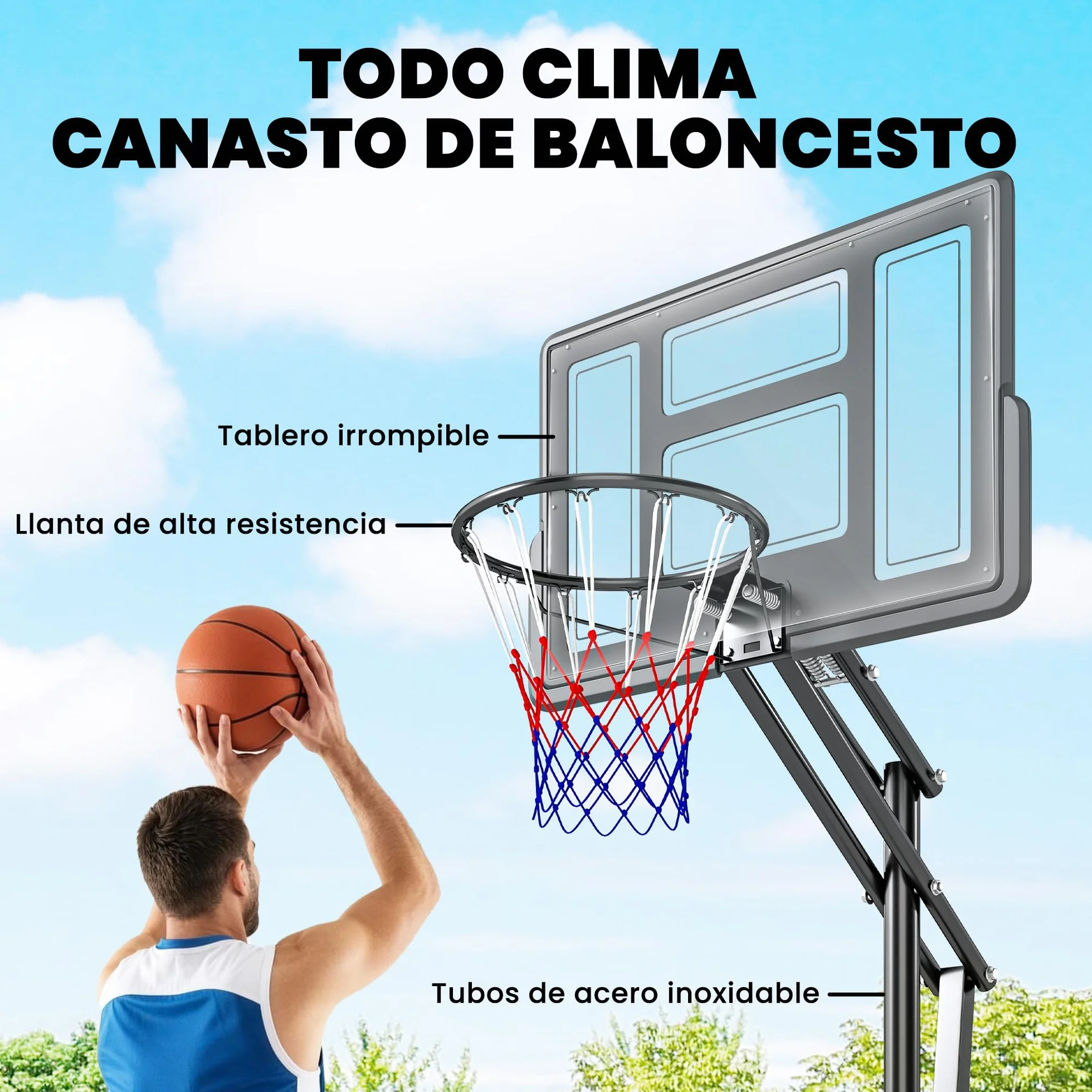 SPORTNOW Canasta de Baloncesto Exterior Altura Ajustable 5 Niveles 235-305 cm Portátil con Ruedas Base Rellenable
