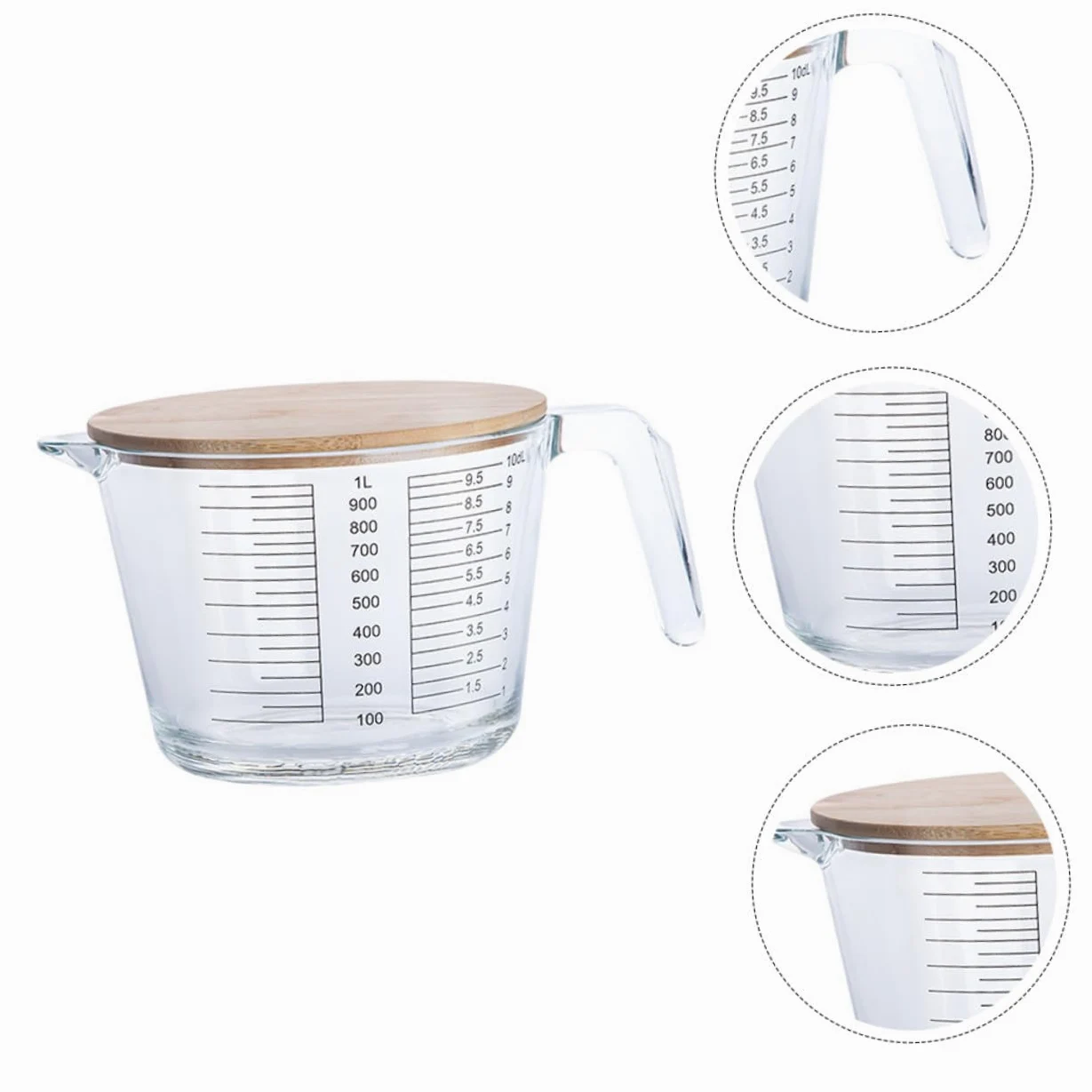 Cabilock Vaso Jarra al Calor Resistente con Vidrio Medidor Tapa Medidora Madera Escala Práctica Medir para Cocina, Adecuado Líquidos y Aceites