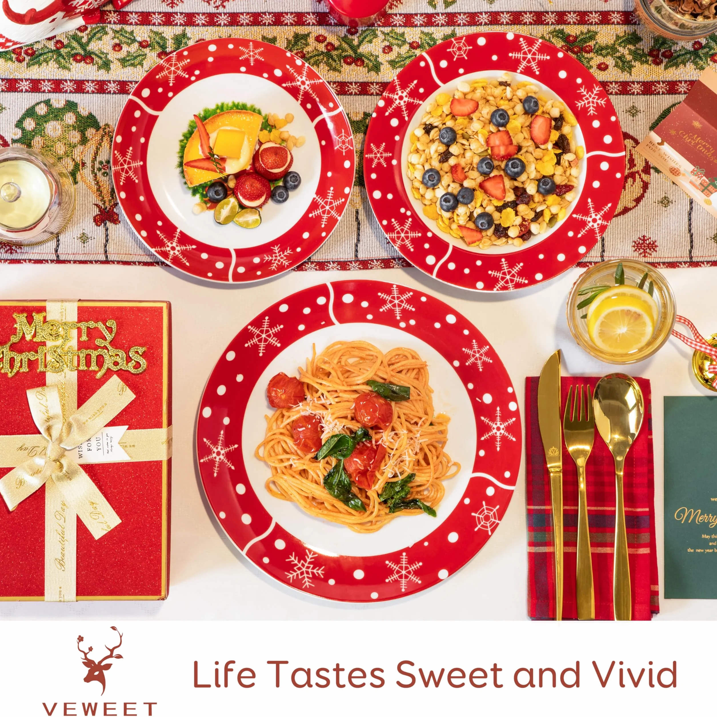 VEWEET, Vajilla de Navidad de 18 Piezas para 6 Personas en Porcelana, con Platos Llanos, de Postre y Hondos, Decoración Navideña Roja con Motivo de Papá Noel, Serie SANTACLAUS