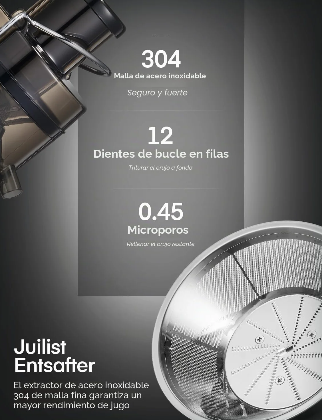 Juilist Licuadoras Para Verduras y Frutas, Extractor de Zumos y Verduras, Orificio de llenado de 65 mm, 3 Posiciones, con Cepillo de Limpieza, Fácil de Limpiar, Negro