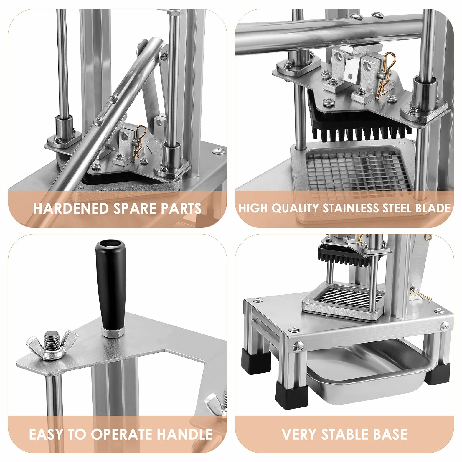 Comercial Cortador de freír francés con 3 Cuchillas de Repuesto, 1/2", 1/4" y 3/8" Cuchillas Trituradora Simple Triturador de Patatas Fritas, Limón y Patatas con Mango Alargado