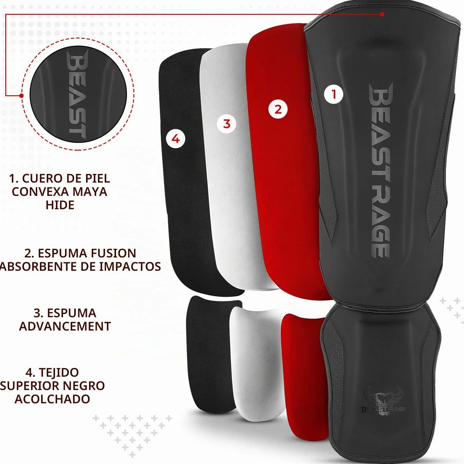BEAST RAGE Espinilleras para Kickboxing Muay Thai MMA Protector de Piernas con Protección en el Empeine Equipo de Entrenamiento (M)
