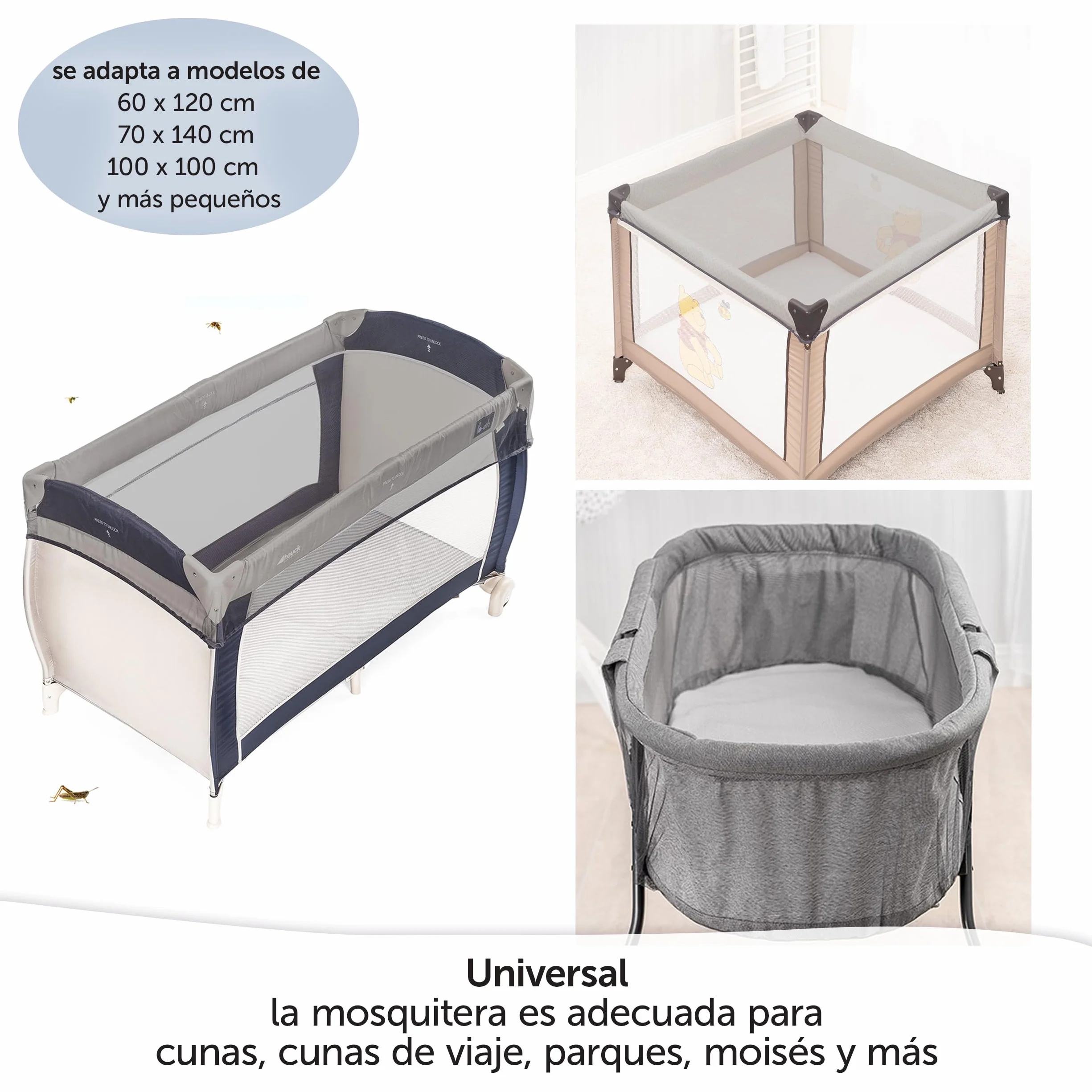 Zamboo Mosquitera Cuna Bebe 60x120 cm de Viaje Universal | Minicunas | Parque Infantil - Red Antimosquitos para Cama Niños - Transpirable - Lavable a Máquina e Higiénica - Gris