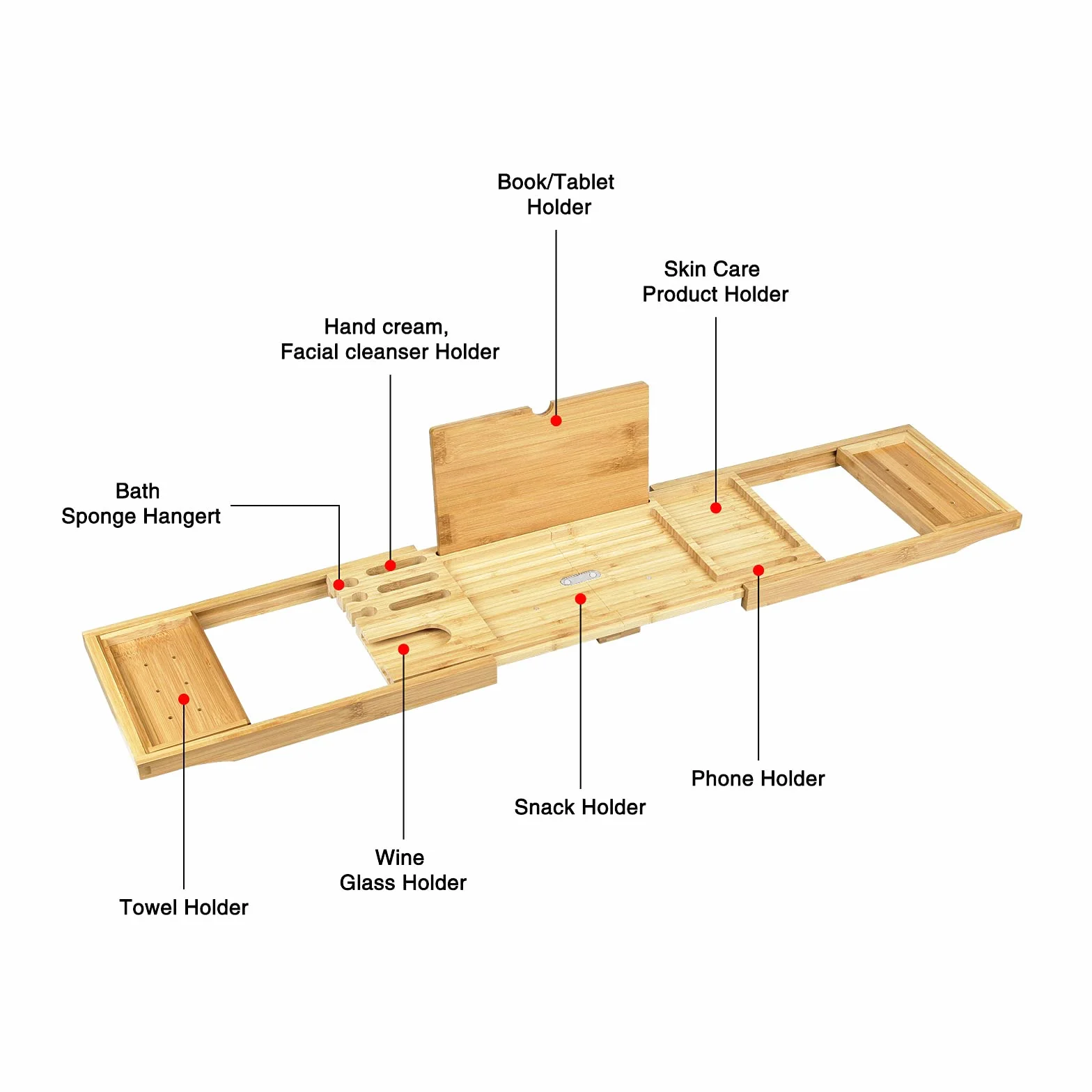 Bandeja de Baño de Madera para Bañera|Organizador Ajustable Extensible para bañera|Andeja de baño con Soporte para Copa de Vino|iPad|móvil y más|Bandeja de Baño Regalo Distintivo para Navidad