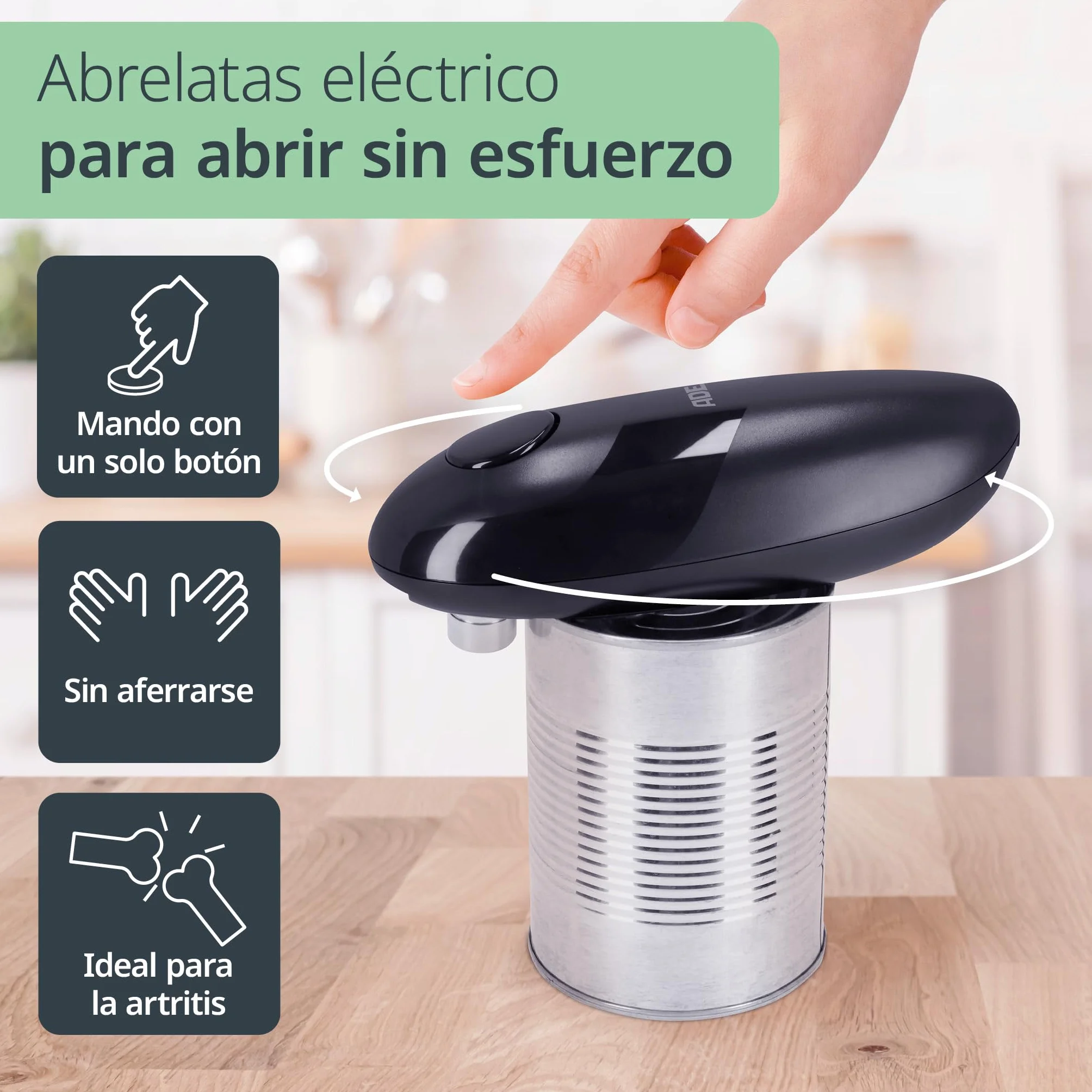 ADE Abrelatas eléctrico | abridor de botes sin esfuerzo | perfecto para personas mayores | práctico abridor de latas con imán y gancho | sin bordes afilados | pilas incluidas