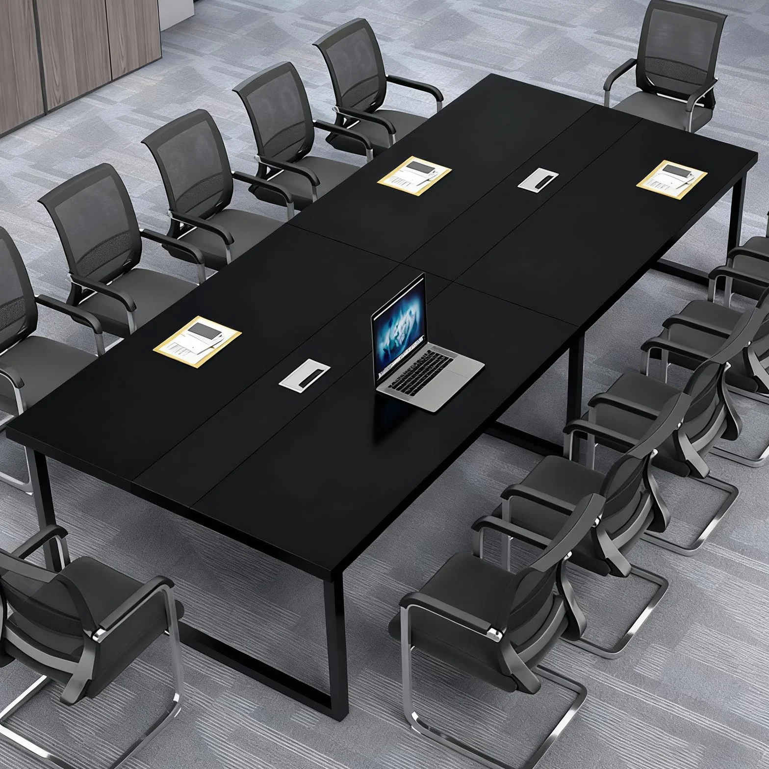 Mesa de Reuniones Grande, Mesa de Conferencias Moderna con Conducto para Cables y Estructura de Metal Negro, Rectangular, para 8-12 Personas, Ideal para Oficina y Sala de Seminarios