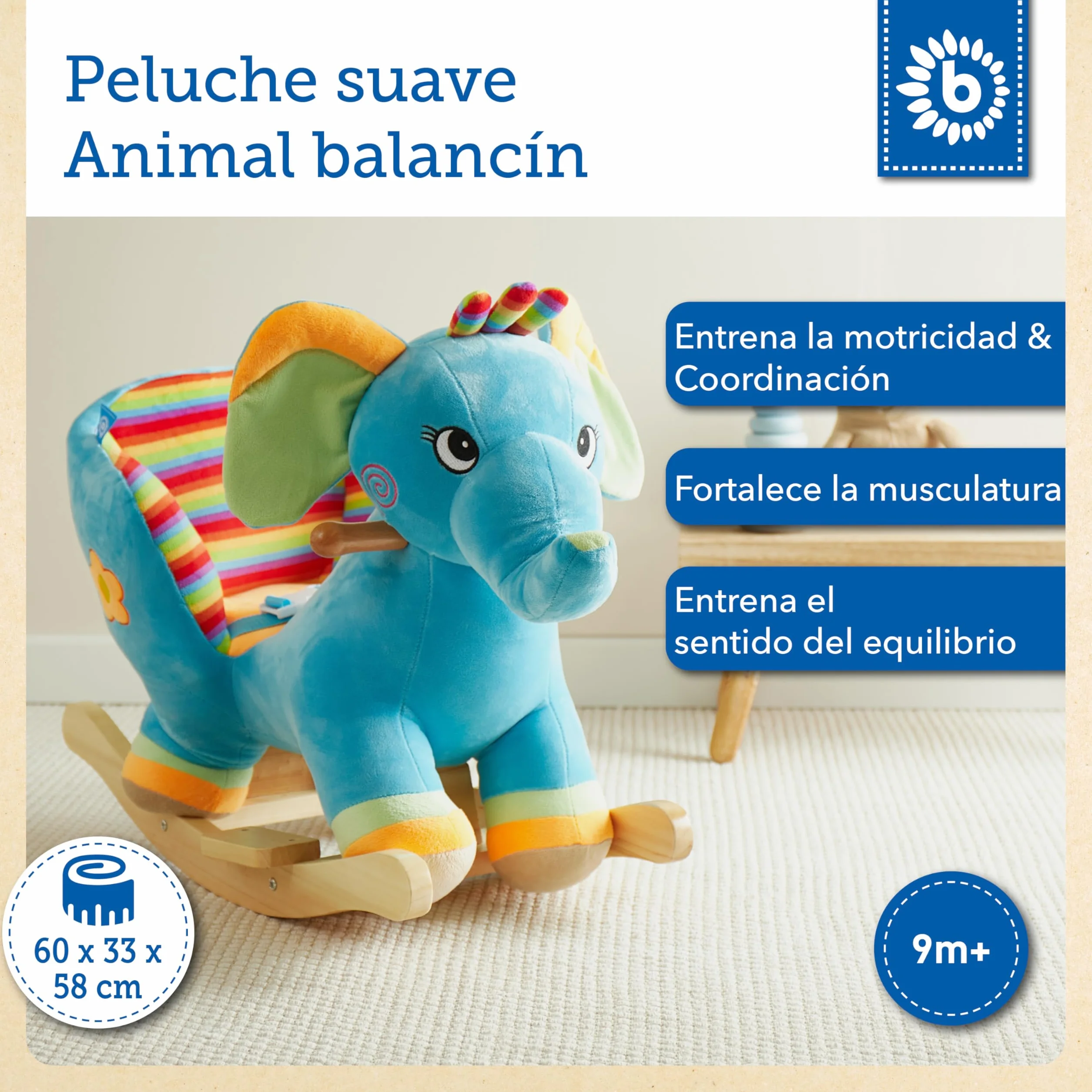 BIECO Peluche Animal Mecedora Elefante con cinturón Seguridad para bebé 9 Meses