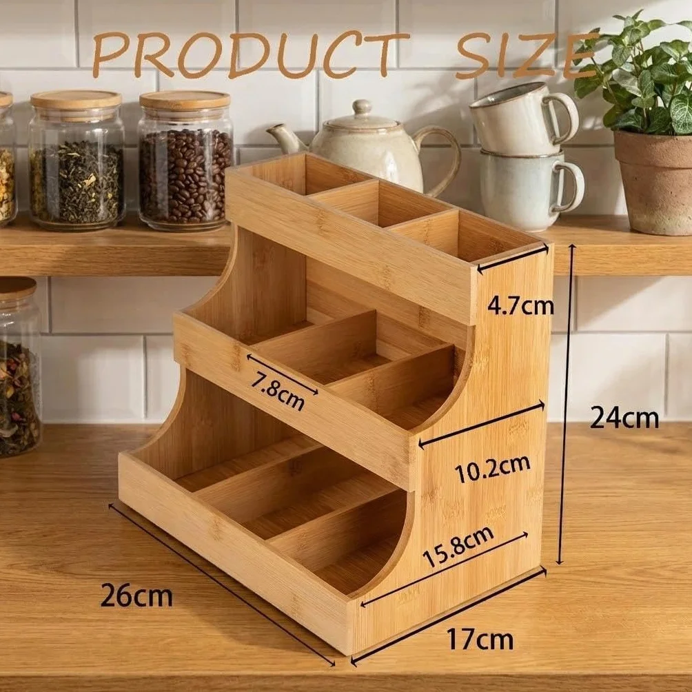 Bolsa de té, Organizador de té, Caja de té de Madera con 9 Compartimentos de Almacenamiento, cápsulas de café y Paquetes de azúcar, Organizador de Bolsas de té para el hogar, Cocina, Oficina y