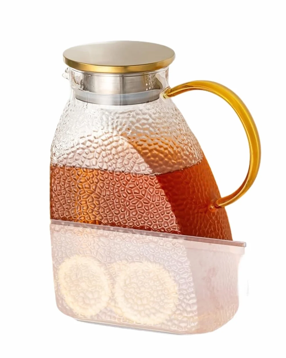 Jarra de agua de vidrio con tapa y asa, jarra de borosilicato de 1,8 L de alto para puerta de nevera, jarra para té helado caliente/frío, jugo, café, leche (patrón de martillo)